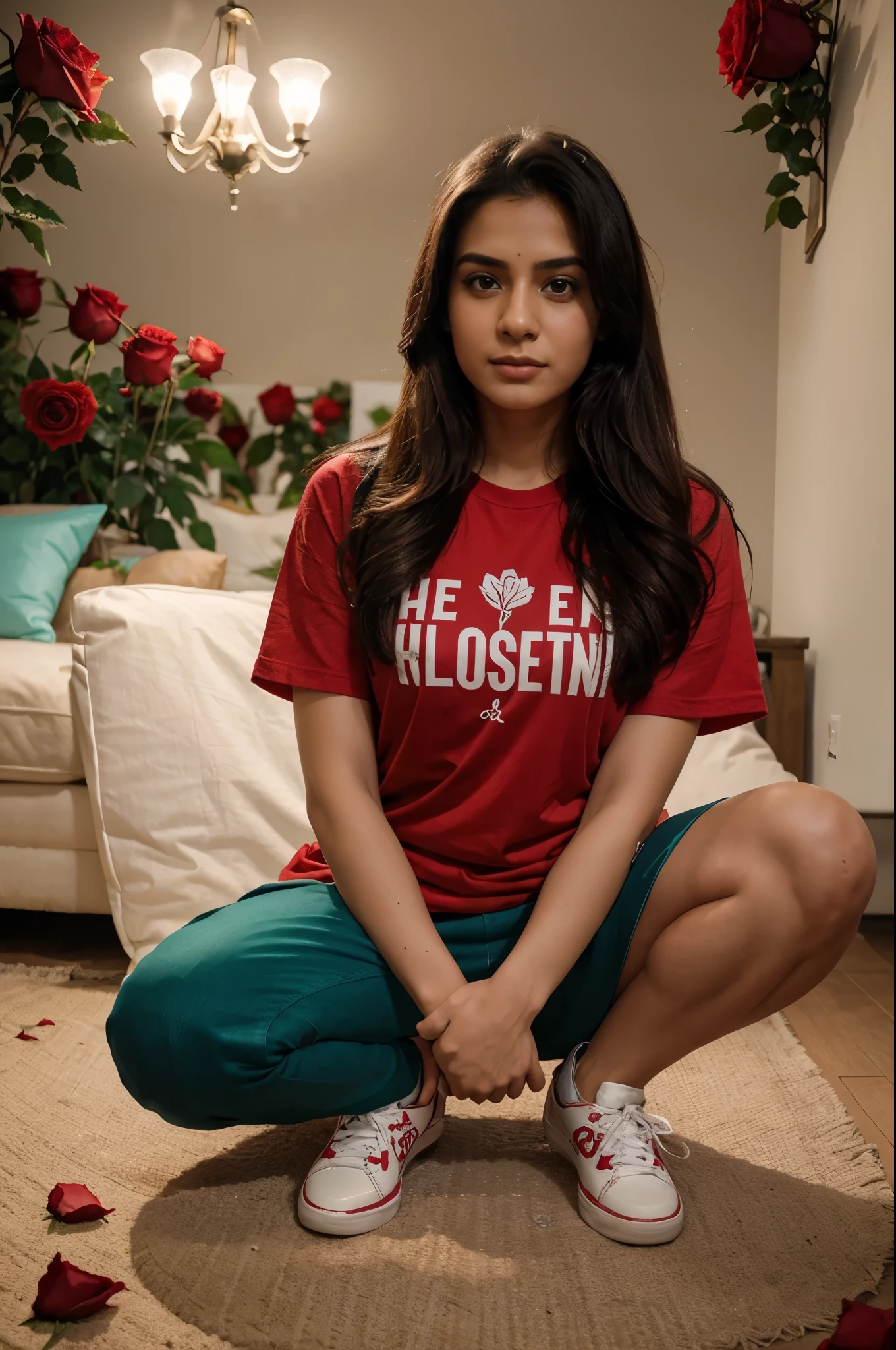Create a realistic image of a 25-year old boy giving a red rose to his girlfriend in a kneeled-down proposal style. He is wearing a T-shirt with “Akash ❤️ Dipti” written on it along with sneakers and sunglasses. The girl is wearing beautiful saree and both are looking ahead. The room is decorated with roses and “Happy Rose Day” is written on a neon signboard in the background.