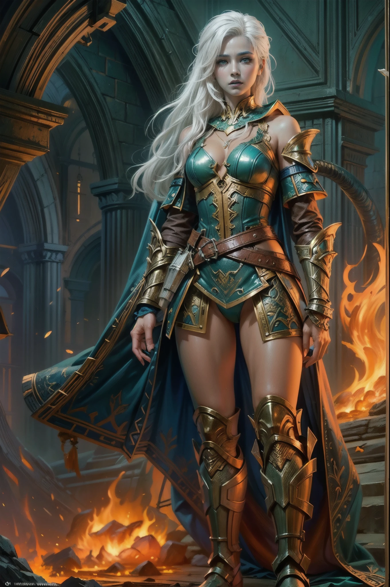 )fantasy art, dnd art, RPG art, wide shot, (masterpiece: 1.4) a (portrait: 1.3) intense details, highly detailed, photorealistic, best quality, highres, portrait a vedalken female (fantasy art, Masterpiece, best quality: 1.3) ((blue skin: 1.5)), intense details facial details, exquisite beauty, (fantasy art, Masterpiece, best quality) cleric, (blue colored skin: 1.5) 1person blue_skin, blue skinned female, (white hair: 1.3), long hair, intense (green: 1.3) eye, fantasy art, Masterpiece, best quality) armed a fiery sword red fire, wearing heavy (white: 1.3) half plate mail armor, wearing high heeled laced boots, wearing an(orange :1.3) cloak, wearing glowing holy symbol GlowingRunes_yellow, within fantasy temple background, reflection light, high details, best quality, 16k, [ultra detailed], masterpiece, best quality, (extremely detailed), close up, ultra wide shot, photorealistic, RAW, fantasy art, dnd art, fantasy art, realistic art,((best quality)), ((masterpiece)), (detailed), perfect face