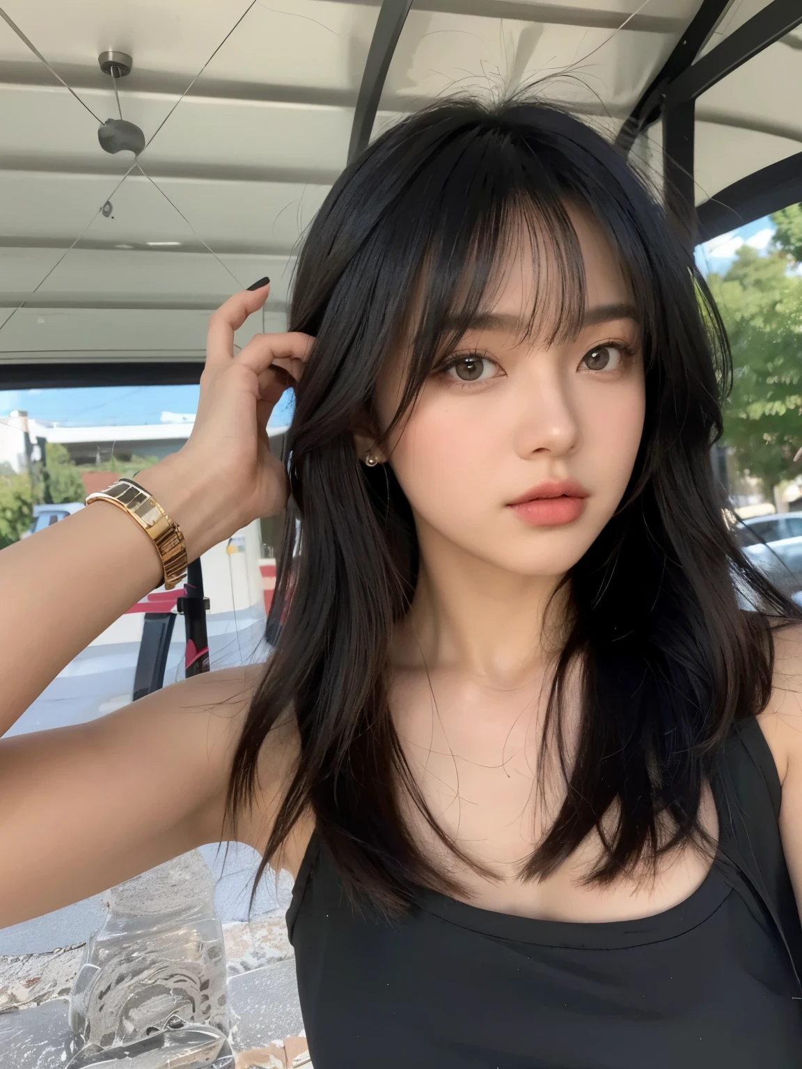 There is a woman standing in front of a building, con flequillo, she has black hair con flequillo, con flequillo completo, neat hair con flequillo, long hair con flequillo, flequillo esponjoso, long black hair con flequillo, long hair con flequillo completo, flequillo negro, Lalisa Manobal, flequillo recto, flequillo de cortina, flequillo contundente cae sobre su frente