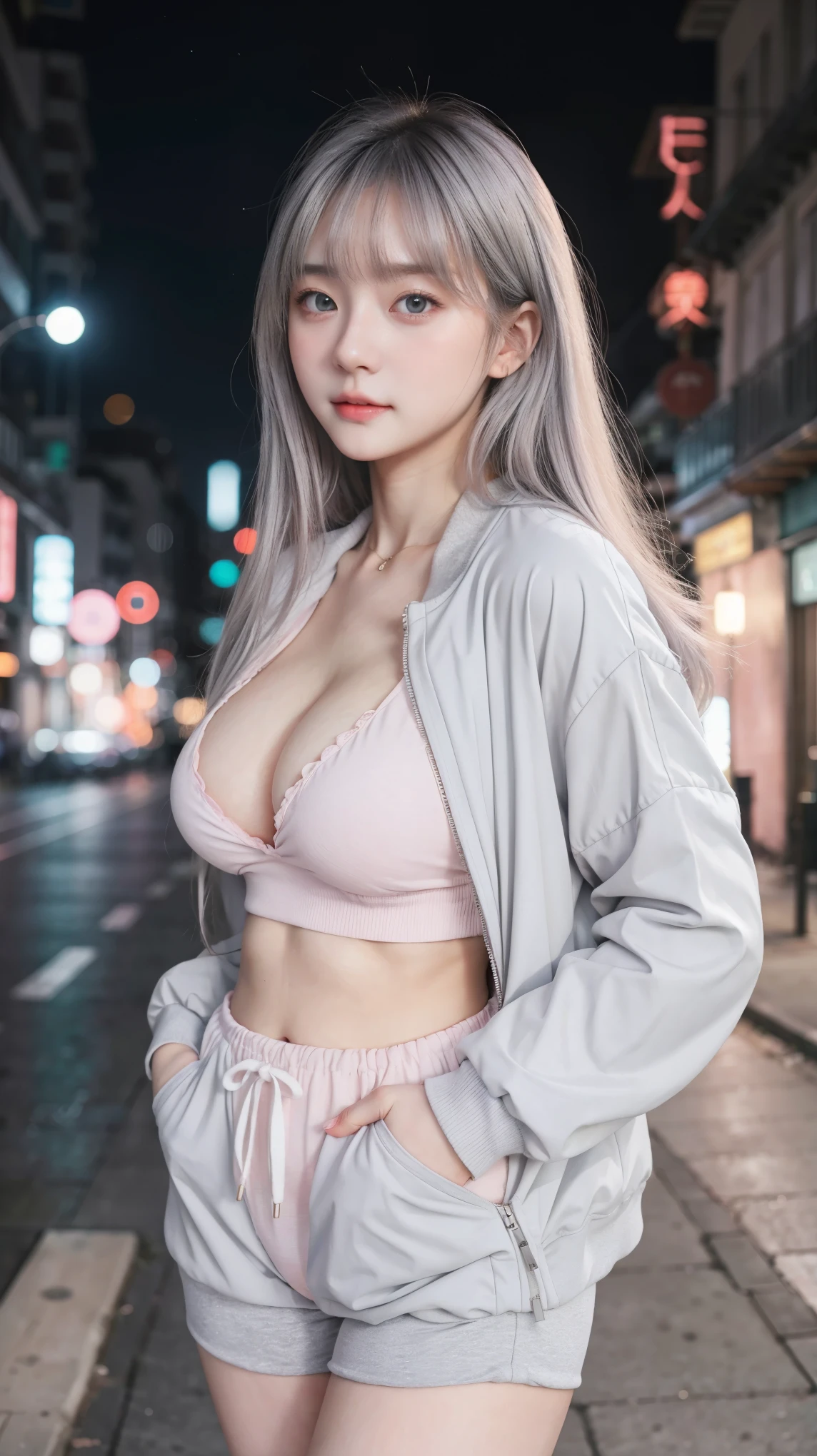 1 Girl, Beautiful, Baby Face, 20 Years Old, White Skin, Colossal Breasts, Sexy Pose, Pastel Colour Anime Outfit Coatumes, ((Pastel Colout Outfit)), ((Grey Eye)), Muscles, Bokeh, Chinese Street Background, Masterpiece, ((Night))