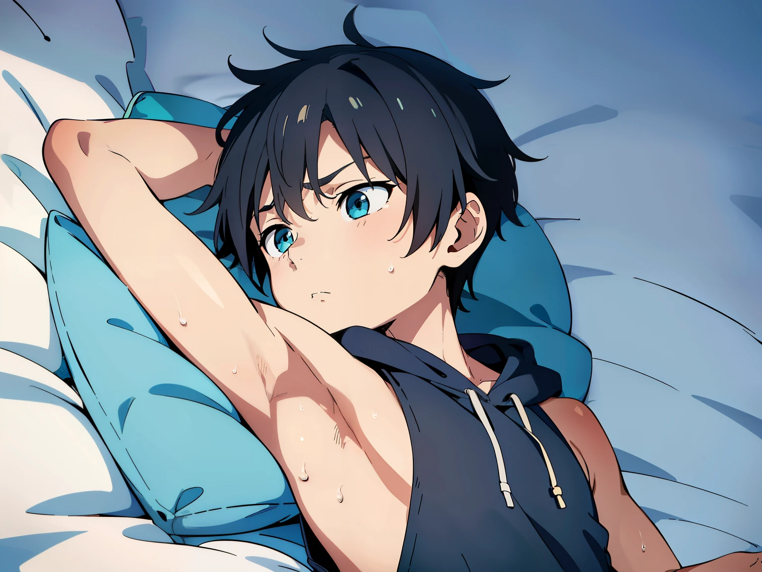 Highres, Masterpiece, Best quality at best,Best Quality,hight quality, hight detailed, 1boy, Kid Shota, Cyan hoodie, Sleeveless hoodie, On the bed, Seen from side, (very ), (very small and short body), 10-Year-O (Showinrmpi.3), hansome, Sweat, Simple beckground