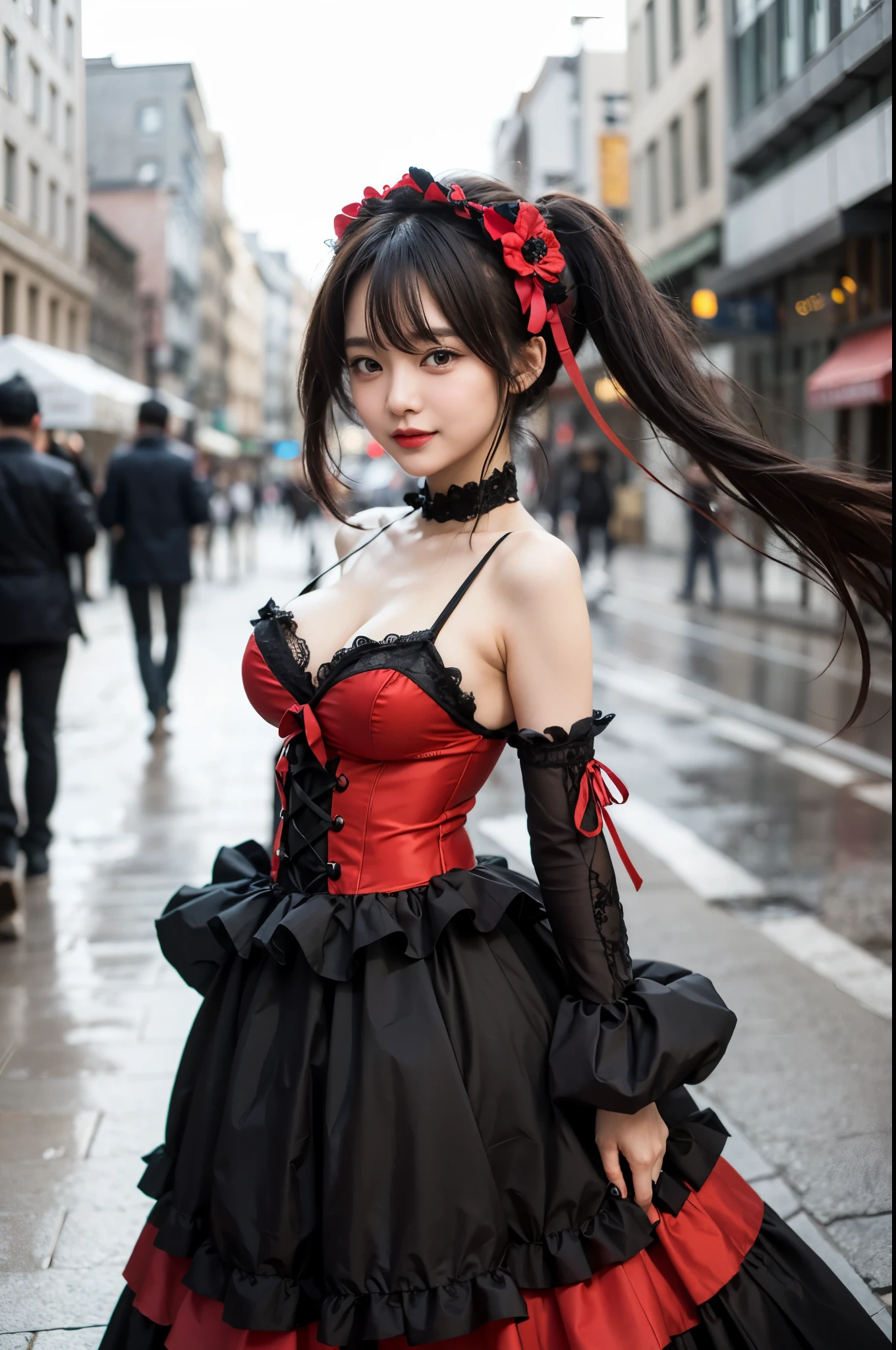masterpiece, high resolution, 1 girl, beautiful girl in a red and black dress on a city street, beautiful girl wearing a black dress, seductive beautiful girl, cute anime, attractive beautiful girl, beautiful reallistic girl, smooth reallistic detailed, beautiful reallistic woman, photoshoot style 4k, photoshoot style. 8k, big breast, large breast, details breast, breast detailed, smiling expression, eyes detailed,