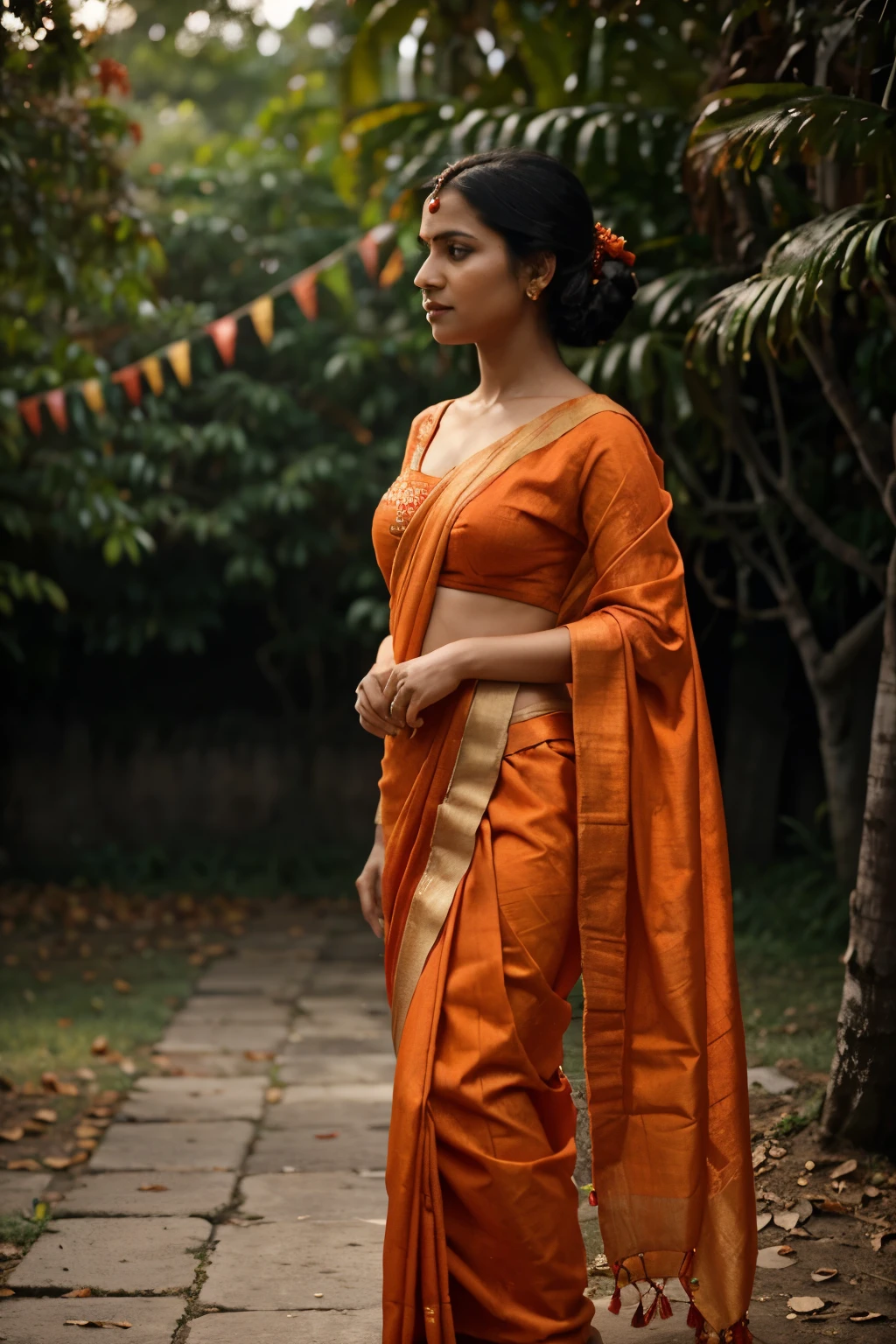 woman in a red and orange sari standing in front of a tree, dressed in a sari, wearing a sari, sari, wearing sari, by Ella Guru, inspired by T. K. Padmini, profile image, by Daphne Allen, by Kathleen Scott, colorful with red hues, wearing bihu dress mekhela sador, wearing a steampunk sari