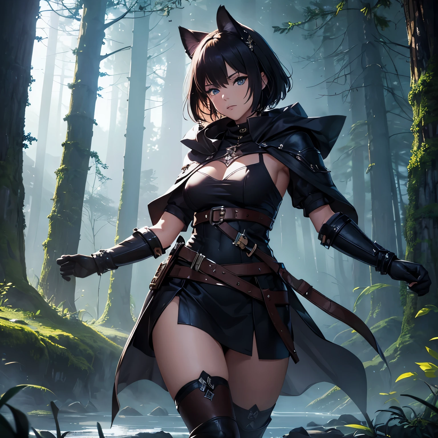 Fantasy, 1 tiny_ Girl, (Loli)++, 10yo, slender_child, cat_ears, Cape,Outdoor,bikini, Shy, (bare_groin,bare_waist)++, hold_huge_sword_hilt, Solo, Thighs, covered_,apart_legs, smile, happy, black_hair, navel_naked, slender_legs,tiny_slender_thighs,dynamic_pose_fighting, open_mouth, spread_legs,