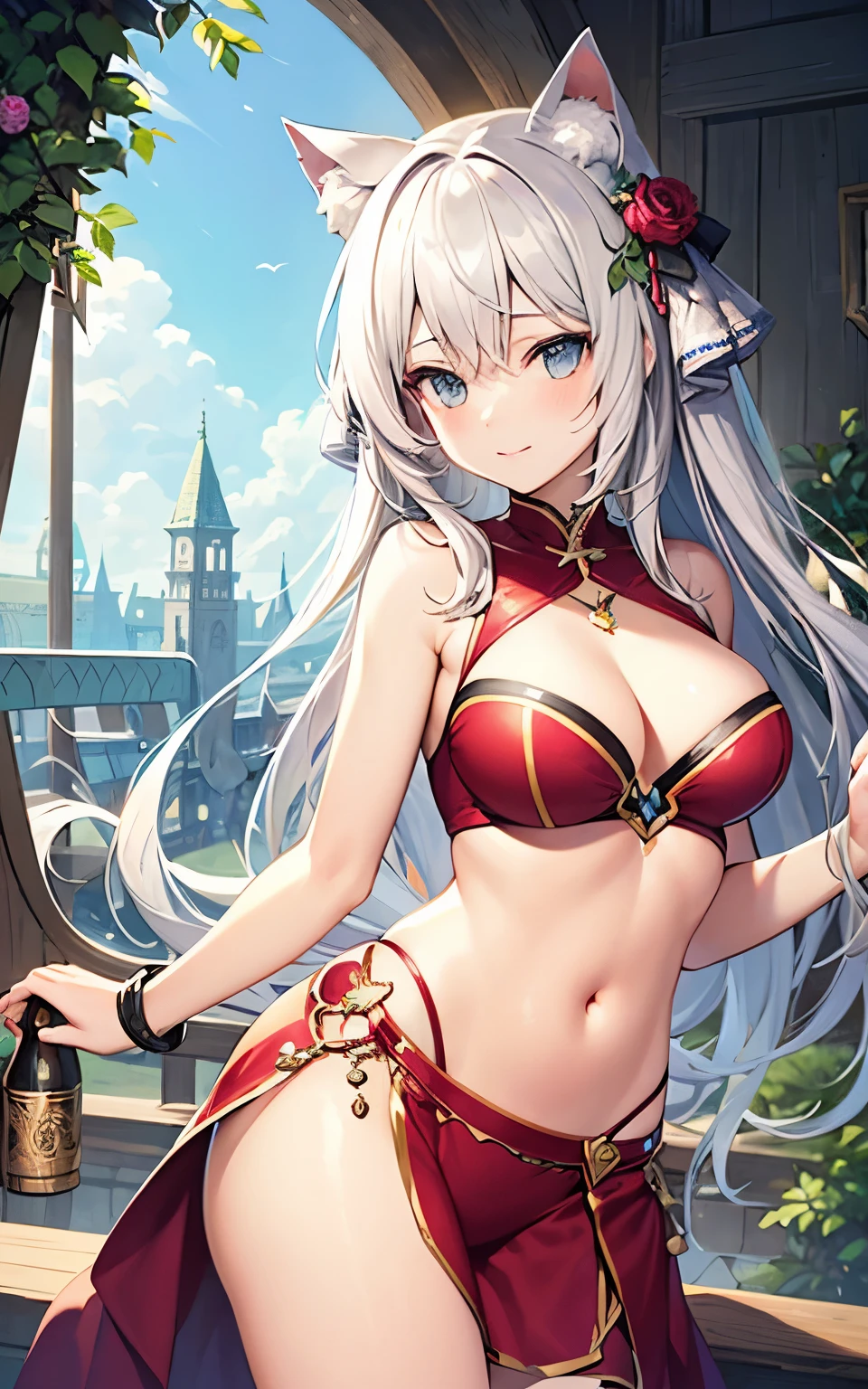 best quality, cute cat ears girl, Cute fantasy world lightly dressed, fantasy world, smooth skin, 