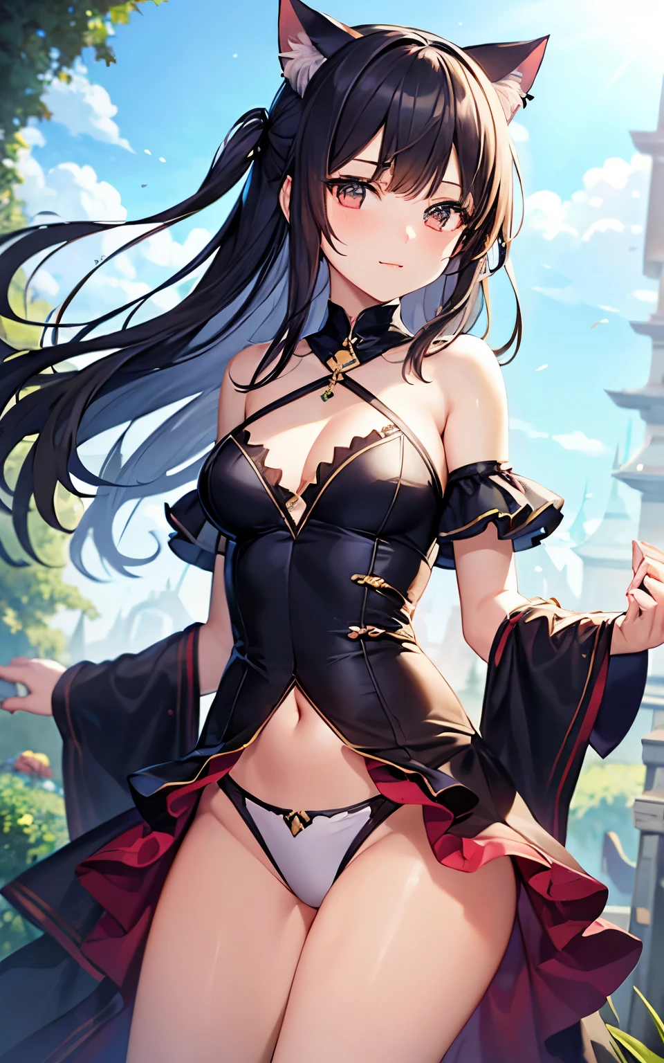best quality, cute cat ears girl, Cute fantasy world lightly dressed, fantasy world, smooth skin,