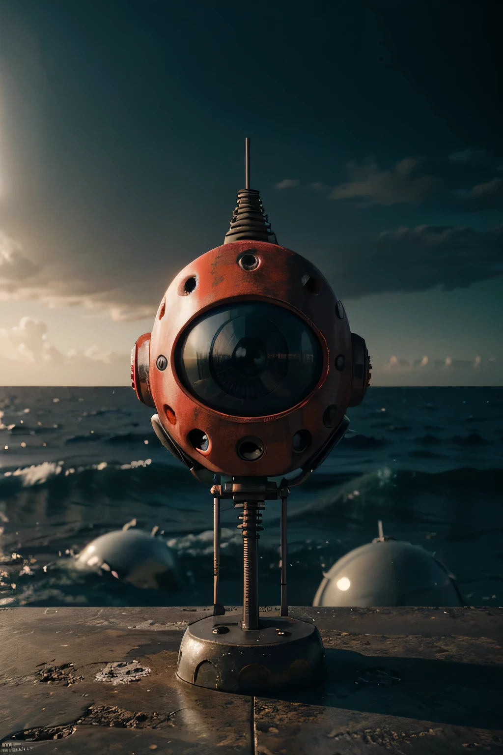 Un dibujo animado plano moderno Loco con un Big ONE, un robot con un solo ojo y un estilo de casco., Pinzas en las manos, Cabeza de TV, cabeza de alfiler, camuflaje rojo oxidado, Super detailed ocean environment., centro, hermoso, Soft lighting, Centrado en el personaje, 4k resolution, photorealistic representation.