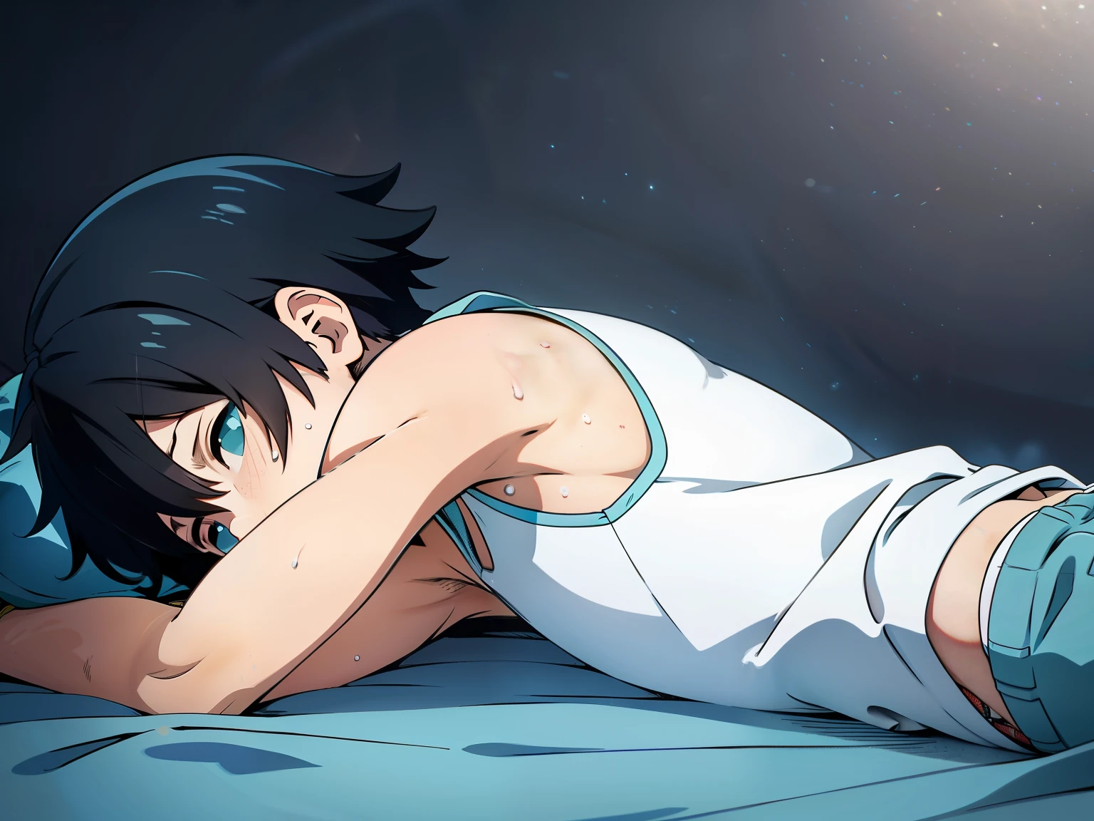 Highres, Masterpiece, Best quality at best,Best Quality,hight quality, hight detailed, 1boy, ??? Shota, Cyan hoodie, Sleeveless hoodie, On the bed, Facing up, Seen from side, Shorts, (very young ???), (very small and short body), 10-Year-Old-Boy, (Showing armpit:1.3), hansome, Sweat, Simple beckground