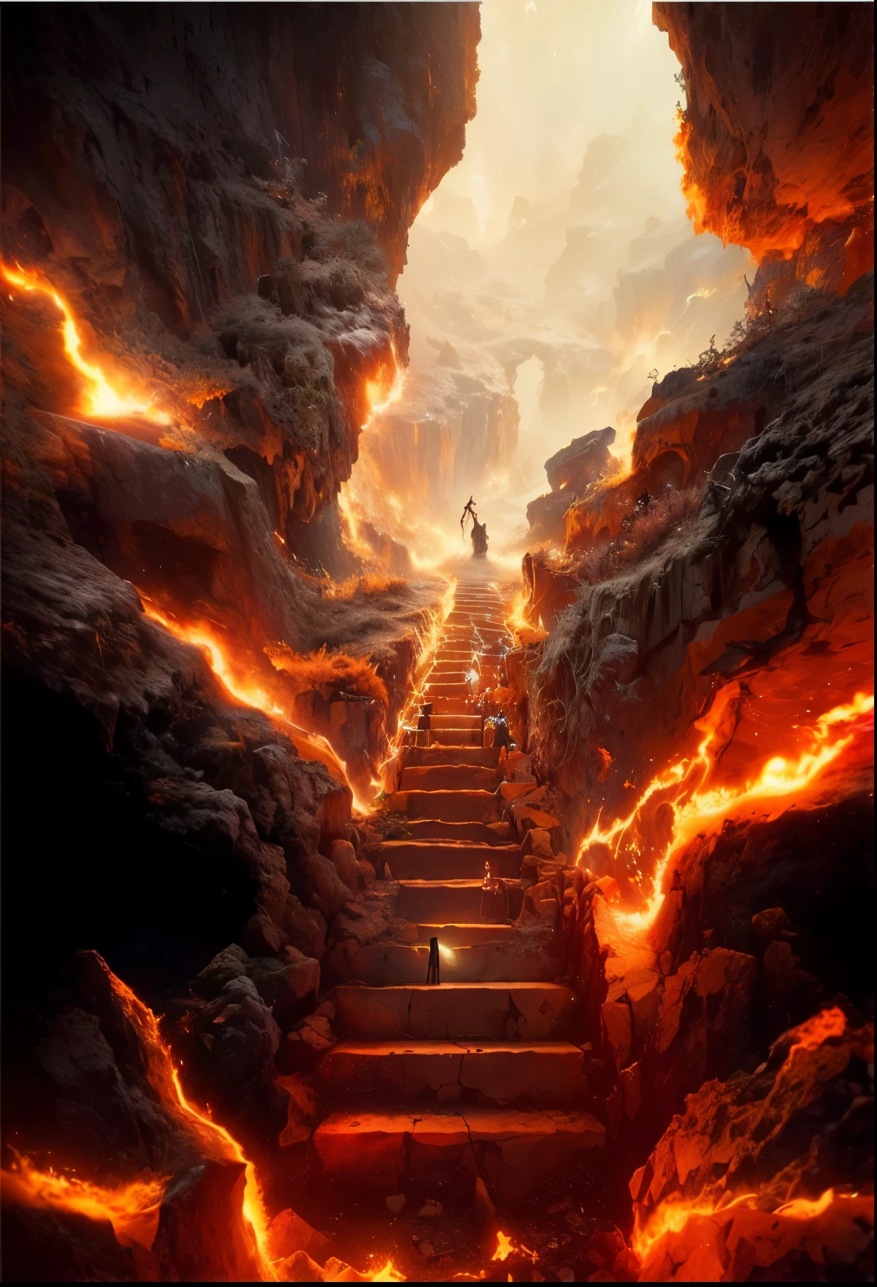 Um homem sobe as escadas em uma caverna, stairs from hell to heaven, paisagem infernal, Viaje pelo inferno, portal para o inferno, Fora das chamas, portal para o inferno, stairway to Heaven, portal para o inferno, Inferno surreal, portal para o inferno, Fique no inferno, intrincado、Epic composition, incredibly epic visuals, fundo do inferno