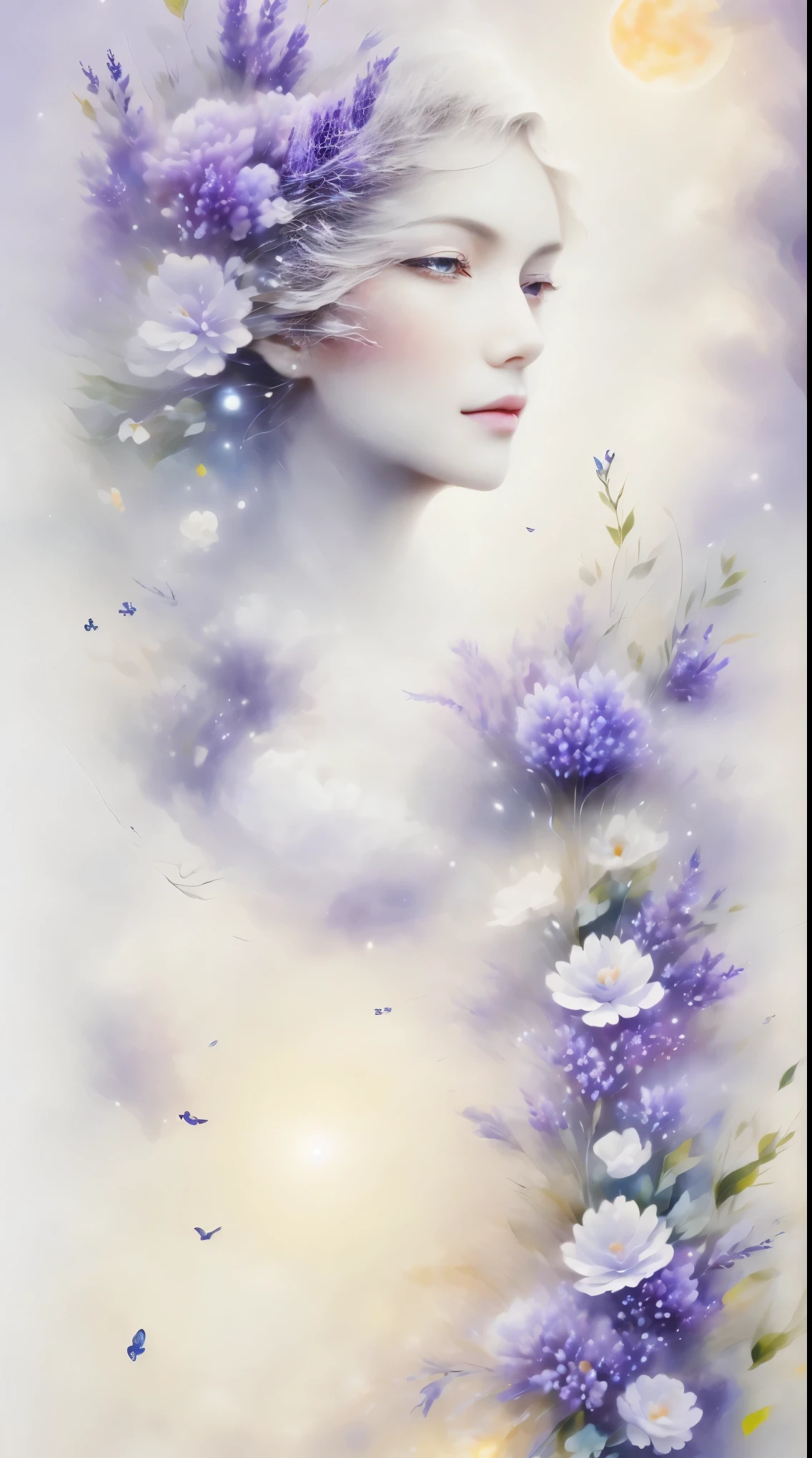 masterpiece, (best quality: 1.2), (Super fine: 1.2), illustration, (extremely delicate and beautiful: 1.2), film angle, floating, (beautiful details eyes: 1.1), (细节lamp: 1.1), lamp, Exquisite sky, Miss, white hair, blue eyes, (high ponytail: 1.1), cloak, glowing eyes, (moon: 1.2), (moonlight: 1.1), starry sky, (light particles: 1.1), FOG , Snow painting, sketch, bloom