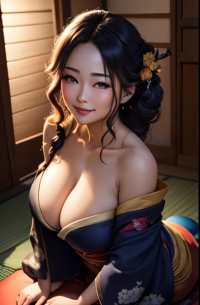 Beautiful flirtatiously smiling Asian, a very busty ronin wearing gold lace kimono, Meiji restoration, blue eyes, focused on the viewer, yojimbo, cleavage, off the shoulders, HD, UHD, WLOP, Artgerm, braided hairstyle, large breasts, large anime eyes, realistic eyes, highly detailed eyes, natural skin, natural skin texture, subsurface scattering, muted colors, skin pores, perfect face, perfect eyes, perfect full lips, supple female form, vivid, cinematic, Film light, Hyper detailed, Hyper-realistic, masterpiece, atmospheric, High resolution, Vibrant, High contrast, dark angle, 8k, HDR, 500px, kneeling on a mat in a shoin zukuri style house, full body