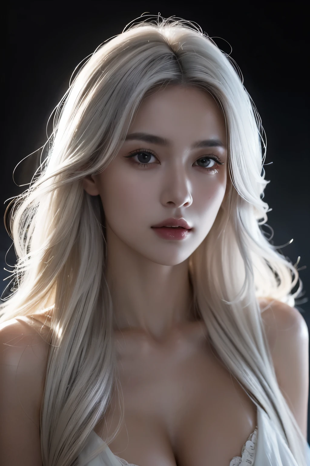 Best quality, masterpiece, ultra high res, (photorealistic:1.5), raw photo, 1girl, offshoulder, in the dark, deep shadow, low key, cold light, sexy look, white hair, long wavy hair, in the club, brown eyes, eastern European