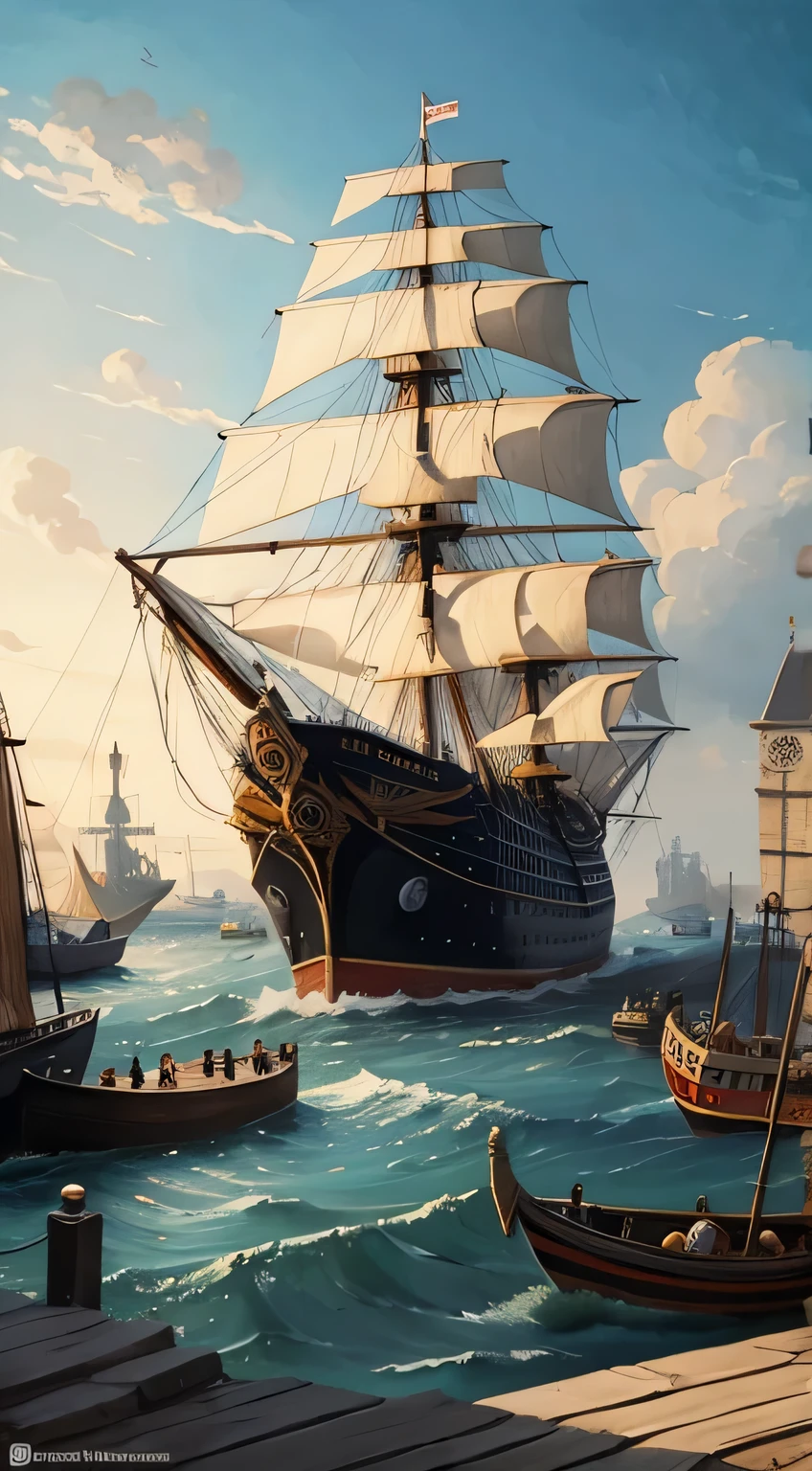 17th century london harbor, east india trading company, master piece, cartoon painting, digital art, rough painting