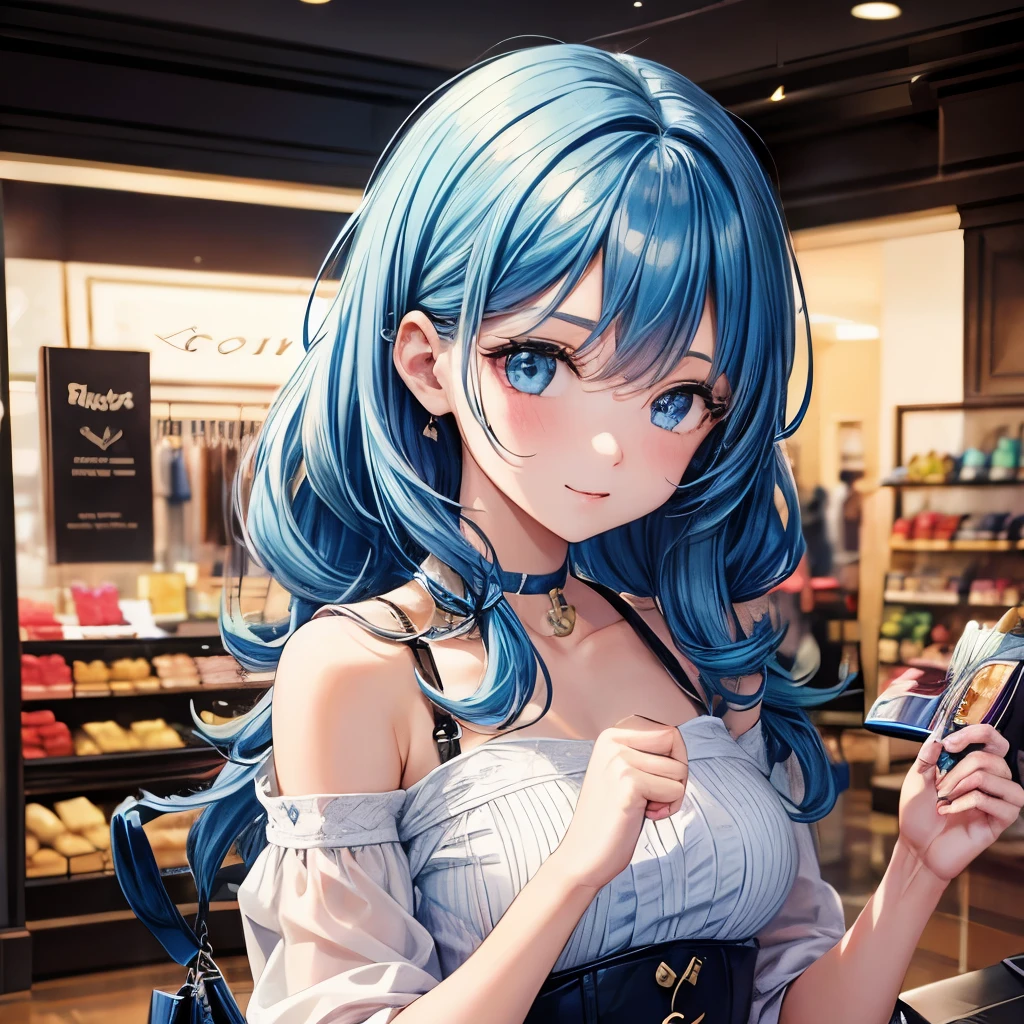 1girl, bluenette hair, rich, shopping 