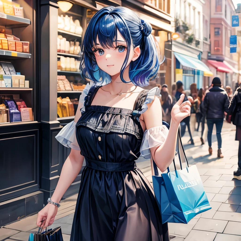 1girl, bluenette hair, rich, shopping