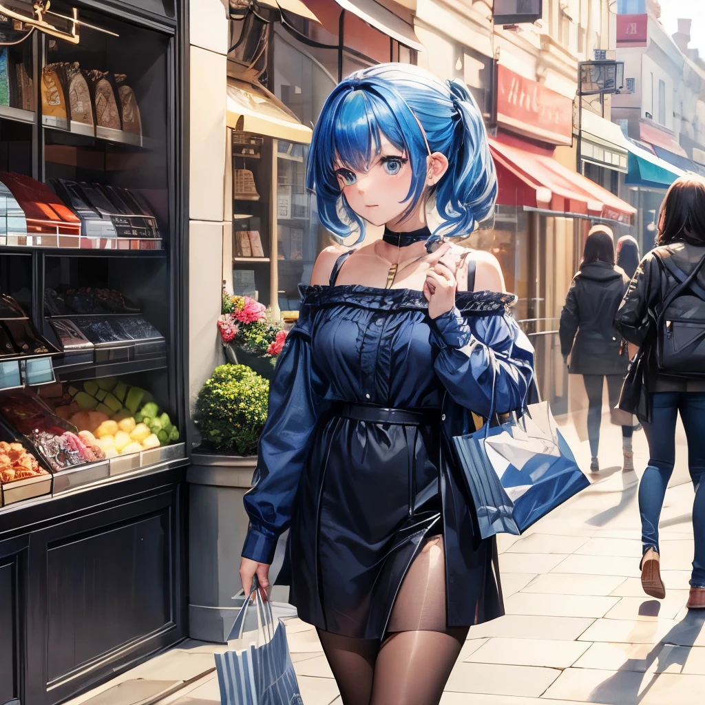 1girl, bluenette hair, rich, shopping