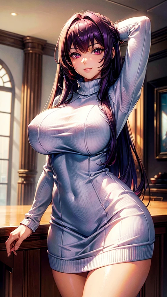 ((masterpiece)), ((best quality)), ray tracing, ultra detailed, high resolution, 8k, UHD, wallpaper, elaborate features, extremely detailed, extremely detailed, extremely detailed face, extreamly detailed eyes, perfect hands, (((beautiful))), (vibrant colors), cowboy shot, 1girl, (mature woman), (long straight purple hair), (red eyes), large beautiful eyes, detailed shimmering eyes, strong eyeliner and eyelashes, smile, (white sweater), scathach, ((scathachSweater)), (huge breasts), curvy, wide hips, dynamic pose, standing, arms to the side, detailed scenery, living room, dynamic angle, lora:more_details:-1, lora:more_details:1.5