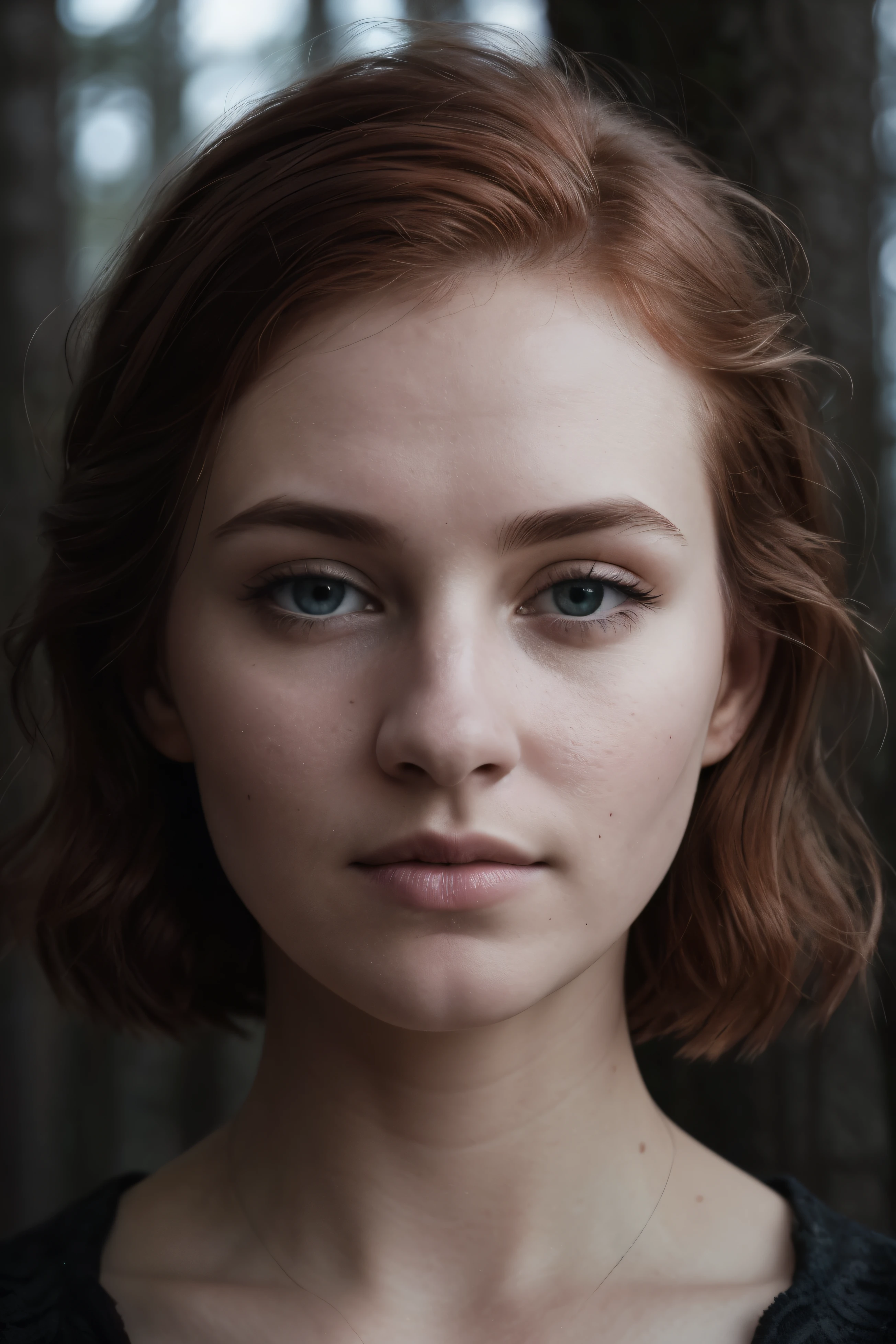 European close-up, full face, face looks to the side, Red hair, Winter Forest, natural skin texture, 24 mm, 4K textures, soft cinematic light, raw photo, photorealism, photorealistic, difficult, elegant, very detailed, Sharp Focus, ((((cienatic look)))), soothing tones, crazy details, difficult details, Super detailed, low contrast, soft cinematic light, dull colors, exposure blend, HDR, faded