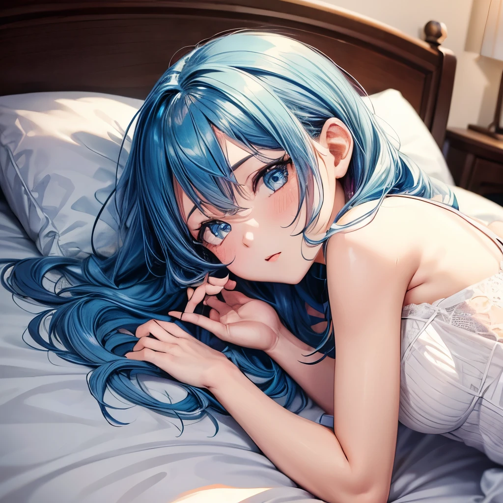 1girl, bluenette hair, light blue hair, next door girl, naked, laying under blanket, laying in bed, soft smile