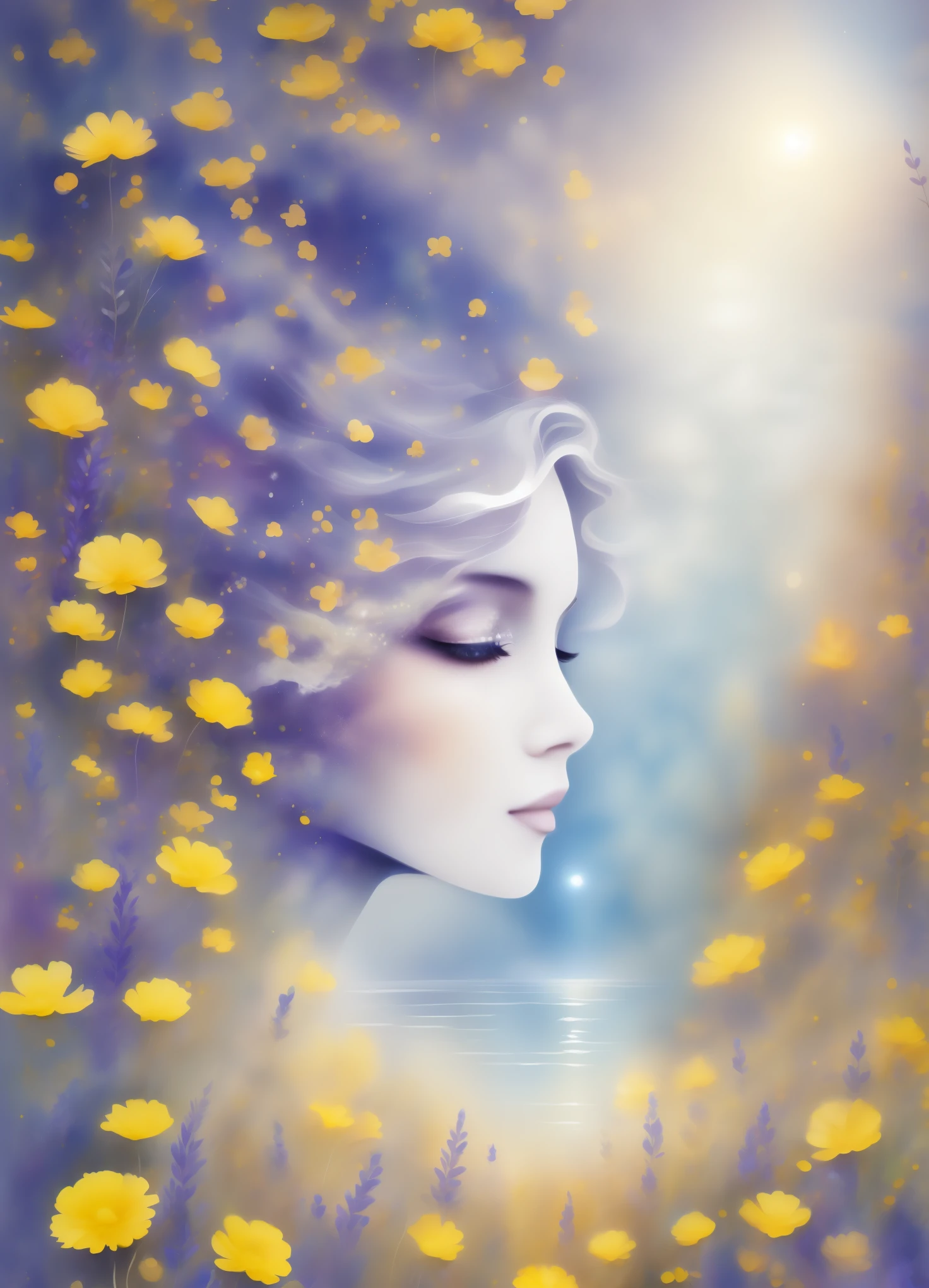 princess under moonlight, Her hair is like a waterfall of silver, moon lighting, glowing eyes, Her dress reflects the phases of the moon. Her eyes contain the tranquility of the night sky, Her skin has a soft glow, lunar radiance