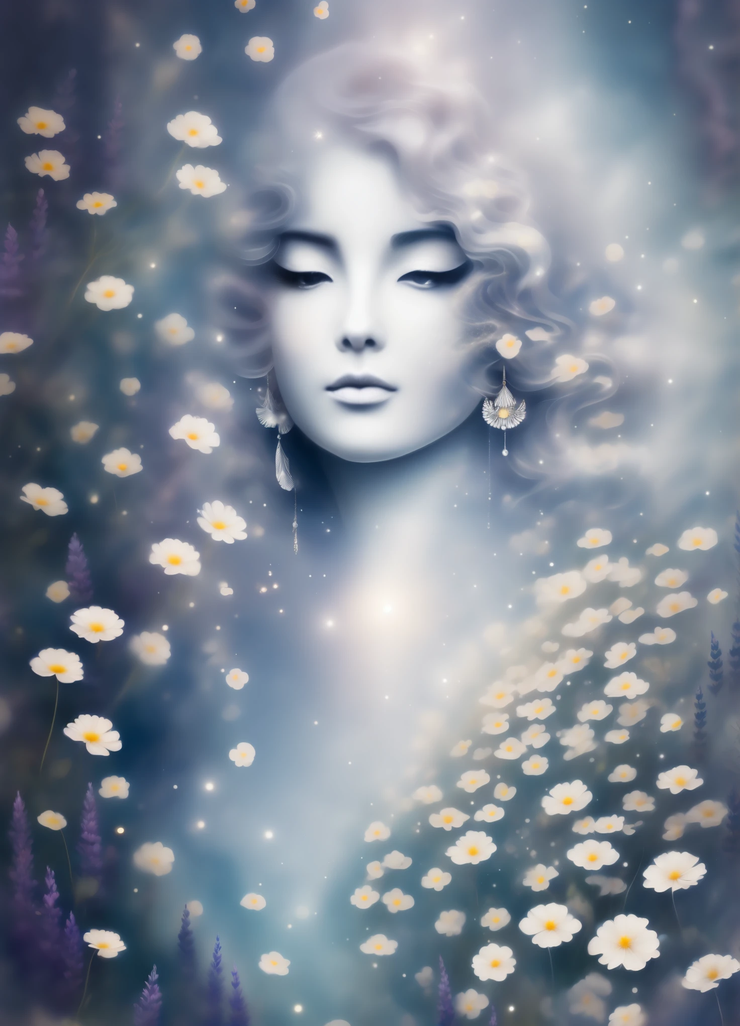 princess under moonlight, Her hair is like a waterfall of silver, moon lighting, glowing eyes, Her dress reflects the phases of the moon. Her eyes contain the tranquility of the night sky, Her skin has a soft glow, lunar radiance