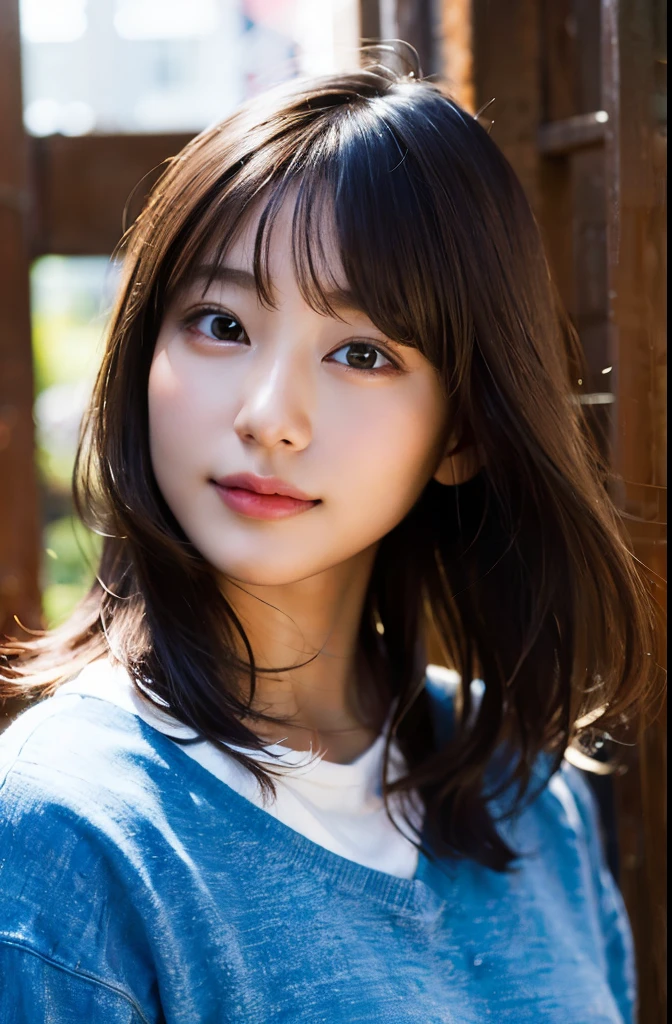 (8k, RAW photo, best quality, masterpiece:1.2), (realistic, photo-realistic:1.37), ultra-detailed, ultra high res,1 girl,looking at viewer,beautiful detailed face,smile,narrow,(slim waist:1.3),shirt, beautiful detailed skin, skin texture, floating hair,professional lighting,