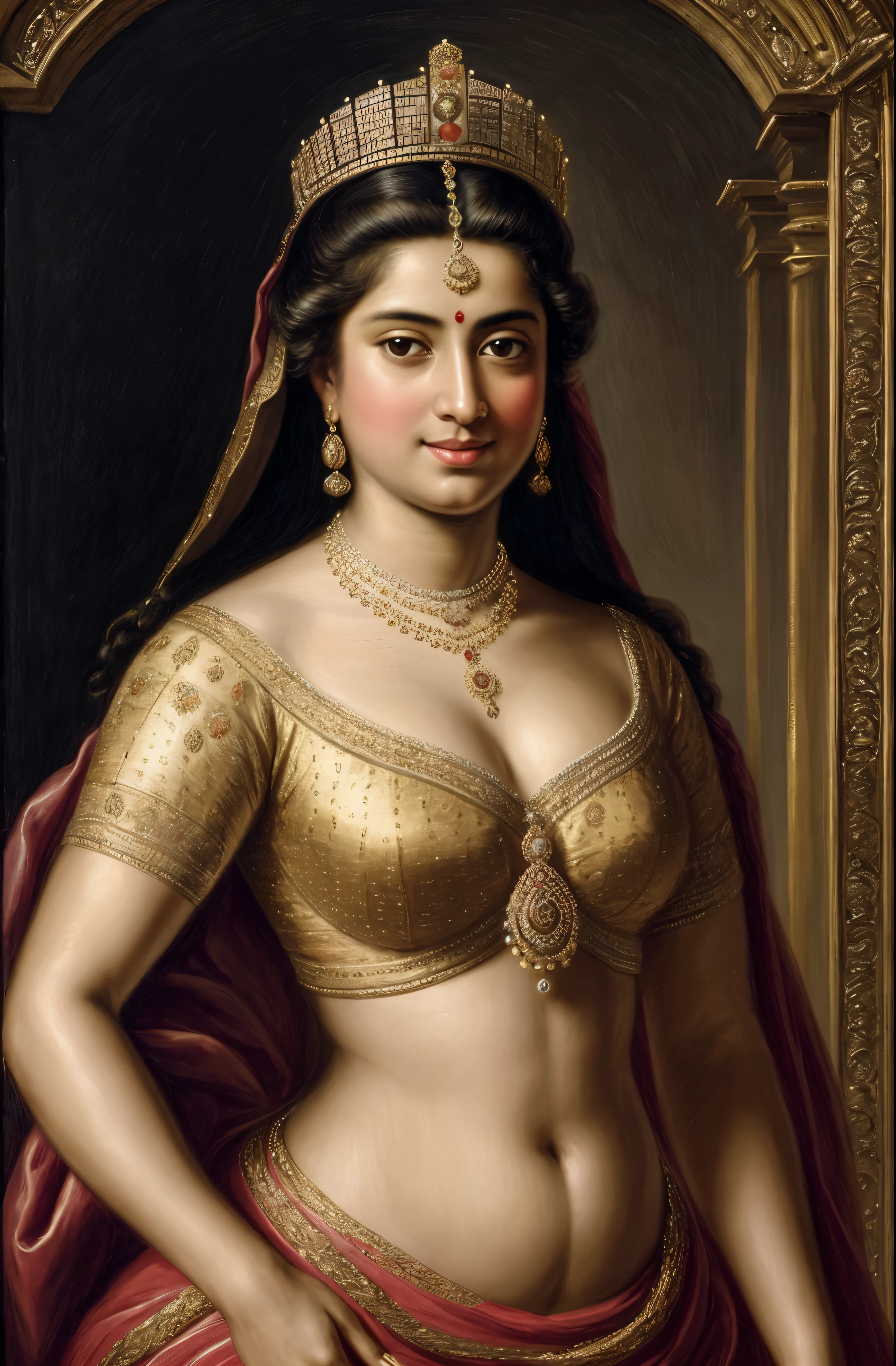 Make a painting, using inspiration from Peter Paul Rubens, of a robust, well-proportioned Indian queen who exudes strength, confidence, and regality. Fluffy hair, unbounded hair, 

Imagine a strong Indian queen who is confident in her beauty and radiates grace, Show her as a representation of self-acceptance and beauty, embracing the variety of body shapes and upending preconceived notions of what constitutes beautiful.

Think about using aspects of Rubens' style, like his vibrant color scheme, dramatic lighting, and luxurious, flowing textiles. Draw attention to the queen's stunning eyes, charming smile, and poised yet kind demeanor, showcasing her inherent attractiveness.

Highlight the queen's regal clothing. Observe closely to the features of her traditional Indian attire. She didn't wear any kind of taaj or crown, she loves her beautiful fluffy unbounded hair,