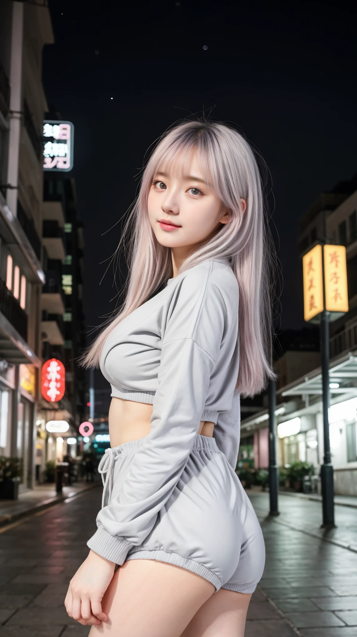 1 Girl, Beautiful, , 20 Years Old, White Skin, Colossal Breasts, Sexy Pose, Pastel Colour Anime Outfit Coatumes, ((Pastel Colout Outfit)), ((Grey Eye)), Muscles, Bokeh, Chinese Street Background, Masterpiece, ((Night))