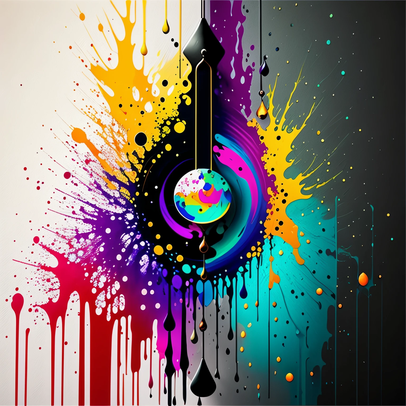 paint splatter on dark wall, pendulum swing painting, fusion, colorful paint, art,splatter, distorted, fusion, 8k,high resolution, dreamy
