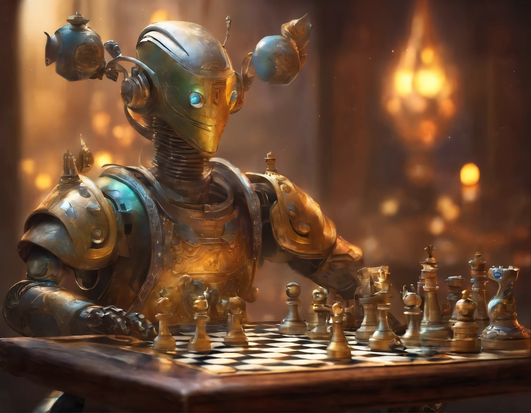 Generate an image of a robot from a movie "I am a robot" close-up, sitting at the table and playing chess. The chessboard with the pieces on it is clearly visible. Show the image in bright, modern style. Make the image quality at least HD.