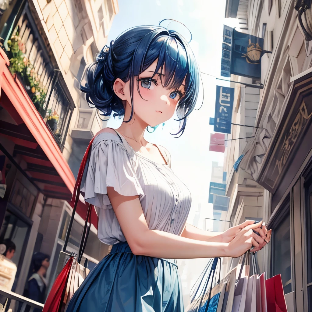 1girl, bluenette hair, rich, shopping, clothes 