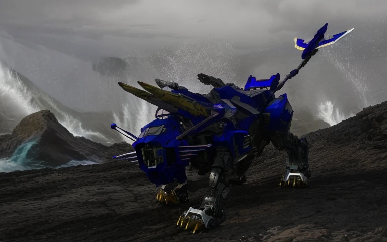 (snarling purple mecha lion on rocks in front of a spraying ocean wave), robot lion, Pilot in head cockpit, purple blade liger, (zoids), robot cat, hyper realistic, masterpiece, photo real, clawed robot feet, purple robot lion, futuristic mech, sabertooth cat robot