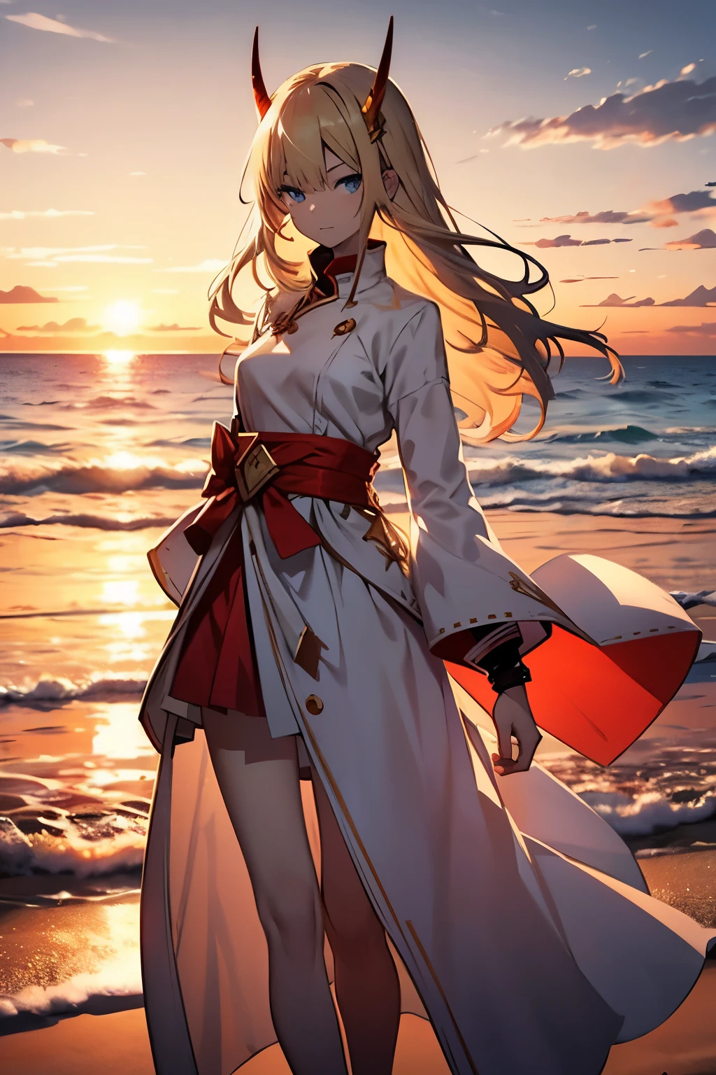 Slender woman with blonde hair and blue eyes on the beach at sunset, He has two red horns on his head., wearing a white dress, There is a gold belt around the waist., He wears a red sheath around his waist., looking straight ahead, have a calm head, There is little exposure