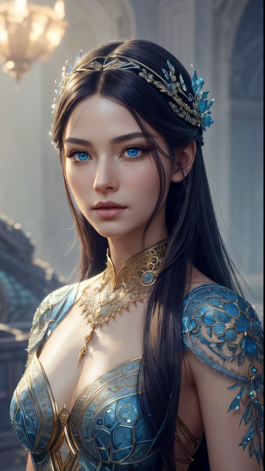 （Best Quality，Ultra - detailed，best  illustration，best shadow，tmasterpiece，A high resolution，Professional Illustrations，famous works of art），detailed eyes，beautiful eyes，Close-up cleavage，sci-fy，colored sclera，robot eyes，facial marks，tattooed with，（fractalized，fractal eyes），large eyes，eyes wide open，（Eye focus），Face focus，cosmic eyes，space eyes，Closeup of metal sculpture of a woman with a moon in her hair，Goddes。Extremely high details，3D Portrait of the Goddess，Extremely detailed images of the goddess，A stunning portrait of a goddess，Side image of the goddess，Portrait of a beautiful goddess，Full length portrait of the goddess，hecate goddess，Portrait of a Norse goddess of the moon，Goddess of space and time, smiling
