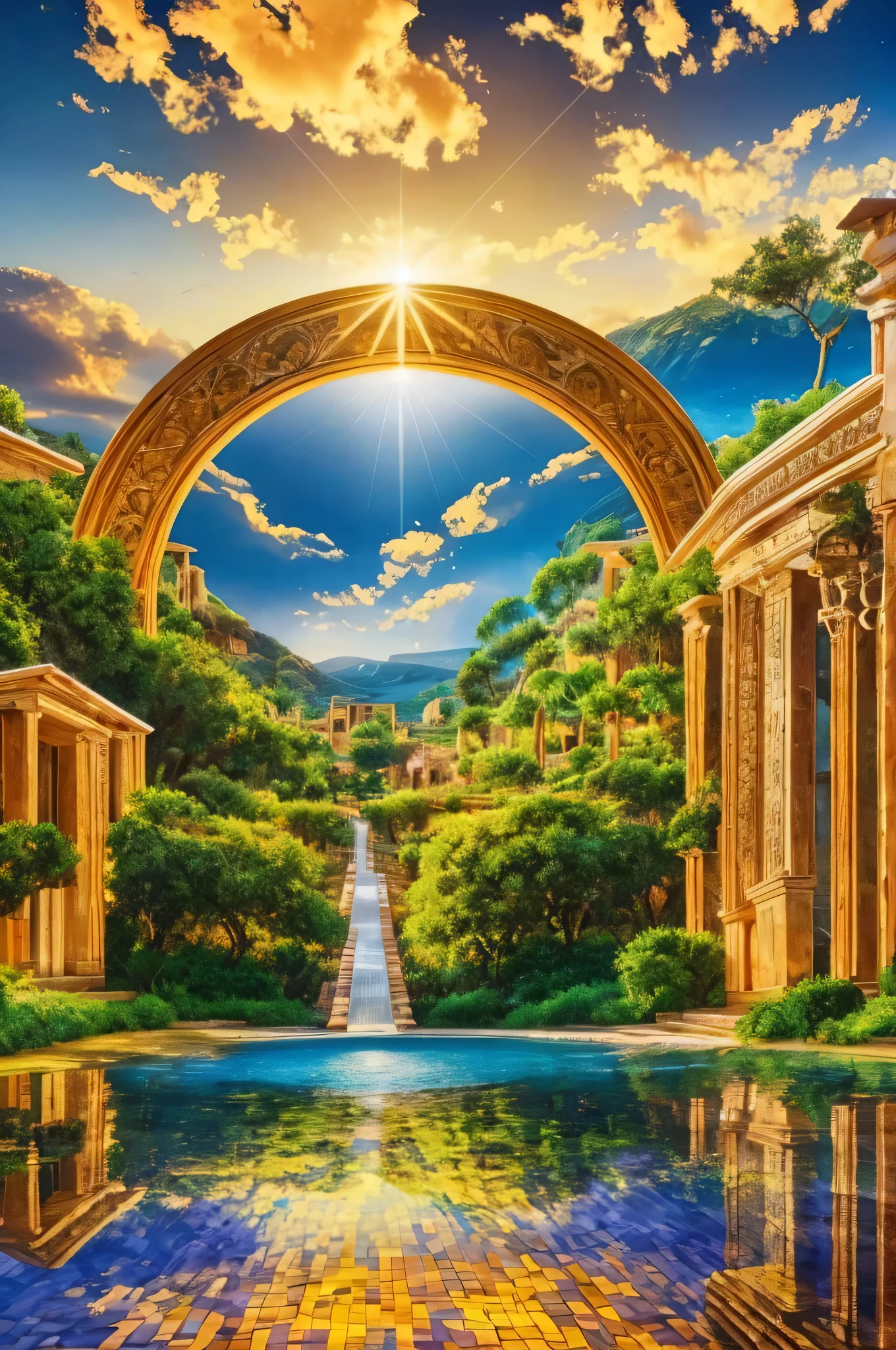 Create a high-definition image of the biblical paradise with trees, casas douradas, mar de vidro, anjos voadores, 4k, cinematographic, com luz, efeitos especiais, contraste