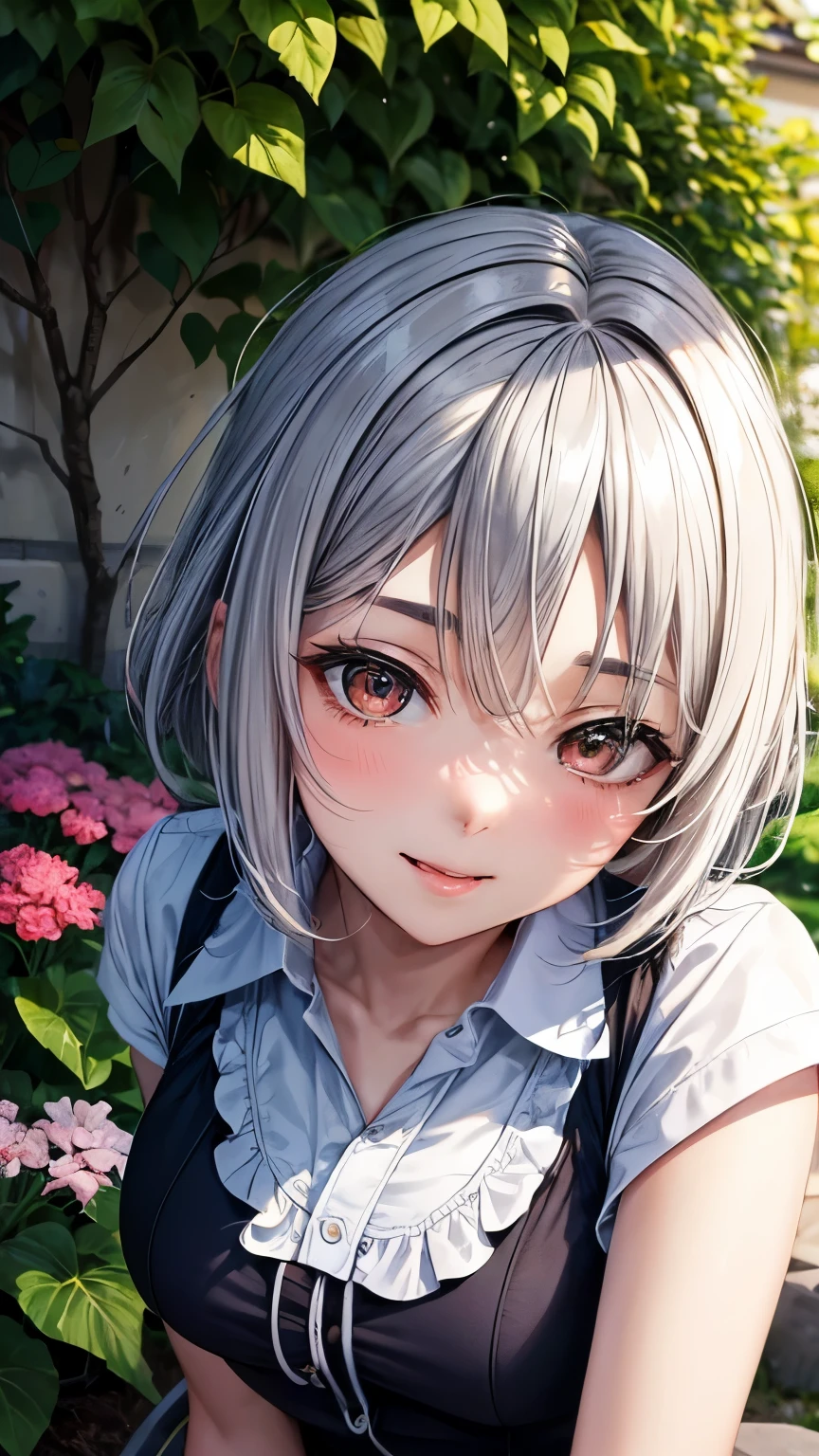 16 years old Japanese lady (( middle breast, slender)), very short hair, side ponytail ((blonde)),(( so much shaggy forelock:1.4)), black dress shirt, wearing a blue coat,((shiny crimson big droopy eyes)), eyelashes, gentle and tidy smile (( corner of her mouth rises)), tidy and positive atmosphere, ((face focus)), blush, ((tongue out,)) at a garden with many flowers
