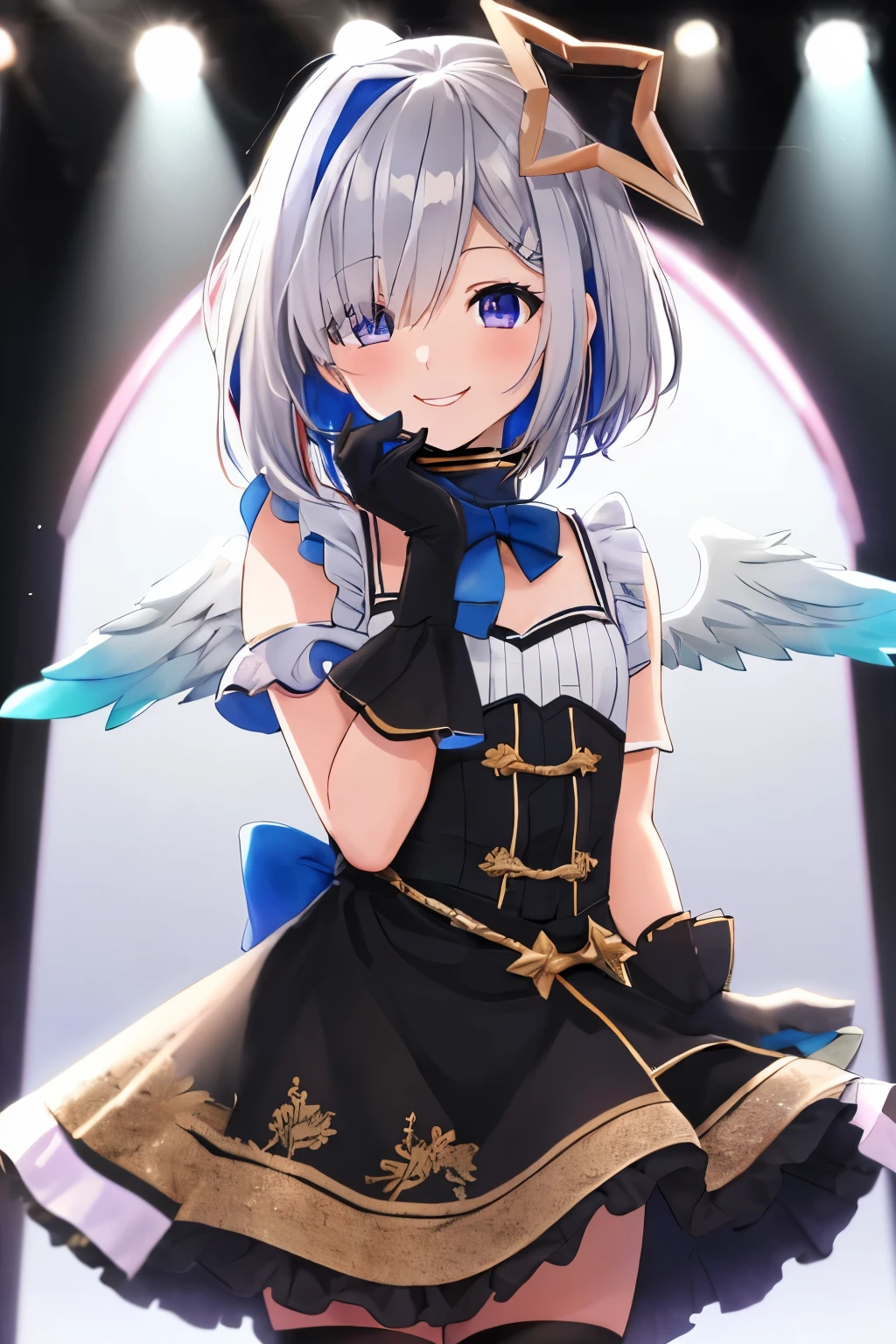 (best quality, masterpiece), 1girl, smiles,stage,Idol,Blue eyes, Purple eyes, Grey Hair, Blue hair, striated hair, hair over one eye, Colored inner hair, single hair intake, bangs, Short hair KANATADEF,