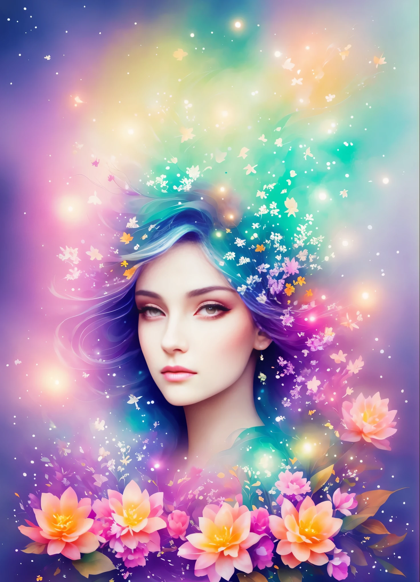 beautiful woman, sober, fantastic, ethereal, Luminous design, pastel colors, ink drops, autumn lights