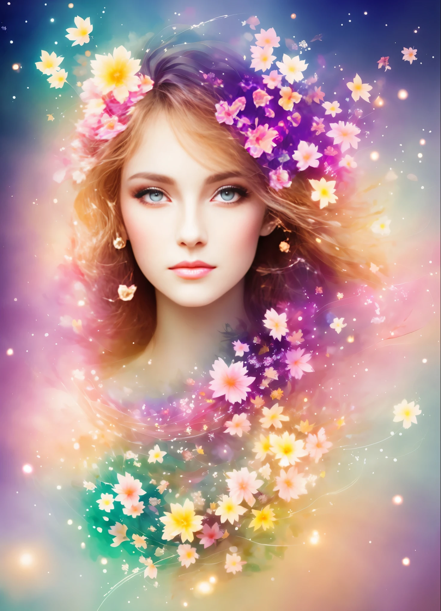 beautiful woman, sober, fantastic, ethereal, Luminous design, pastel colors, ink drops, autumn lights