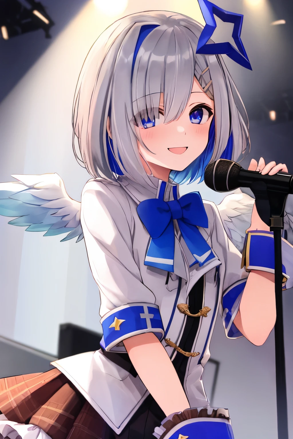 (best quality, masterpiece), 1girl, smiles,stage,Idol,Blue eyes, Purple eyes, Grey Hair, Blue hair, striated hair, hair over one eye, Colored inner hair, single hair intake, bangs, Short hair KANATADEF,