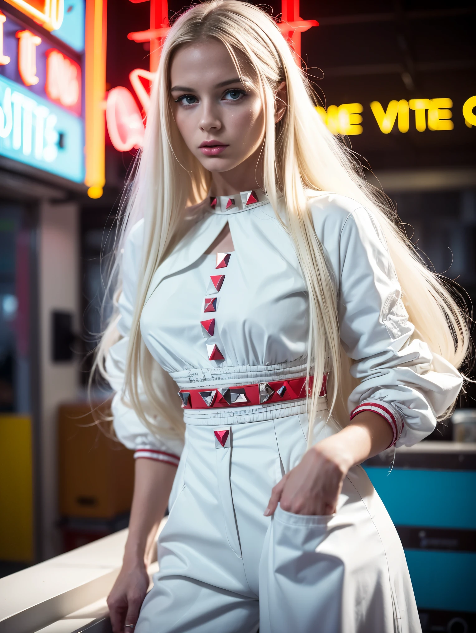 analogue fashion photo shot of young blonde woman with long hair, (((big ))) in a 1950 cuban supermarket, ((neon lights red and blue lights)), (((((high fashion white clothes in the style of Valentino))))), supermodel, sexy model poses, masterpiece, eye level, Kodak Funsaver, Porta 160, 20mm, bokeh, in the style of Nan Goldin, textured, distressed, ((vintage)), edgy, noisy, high contrast