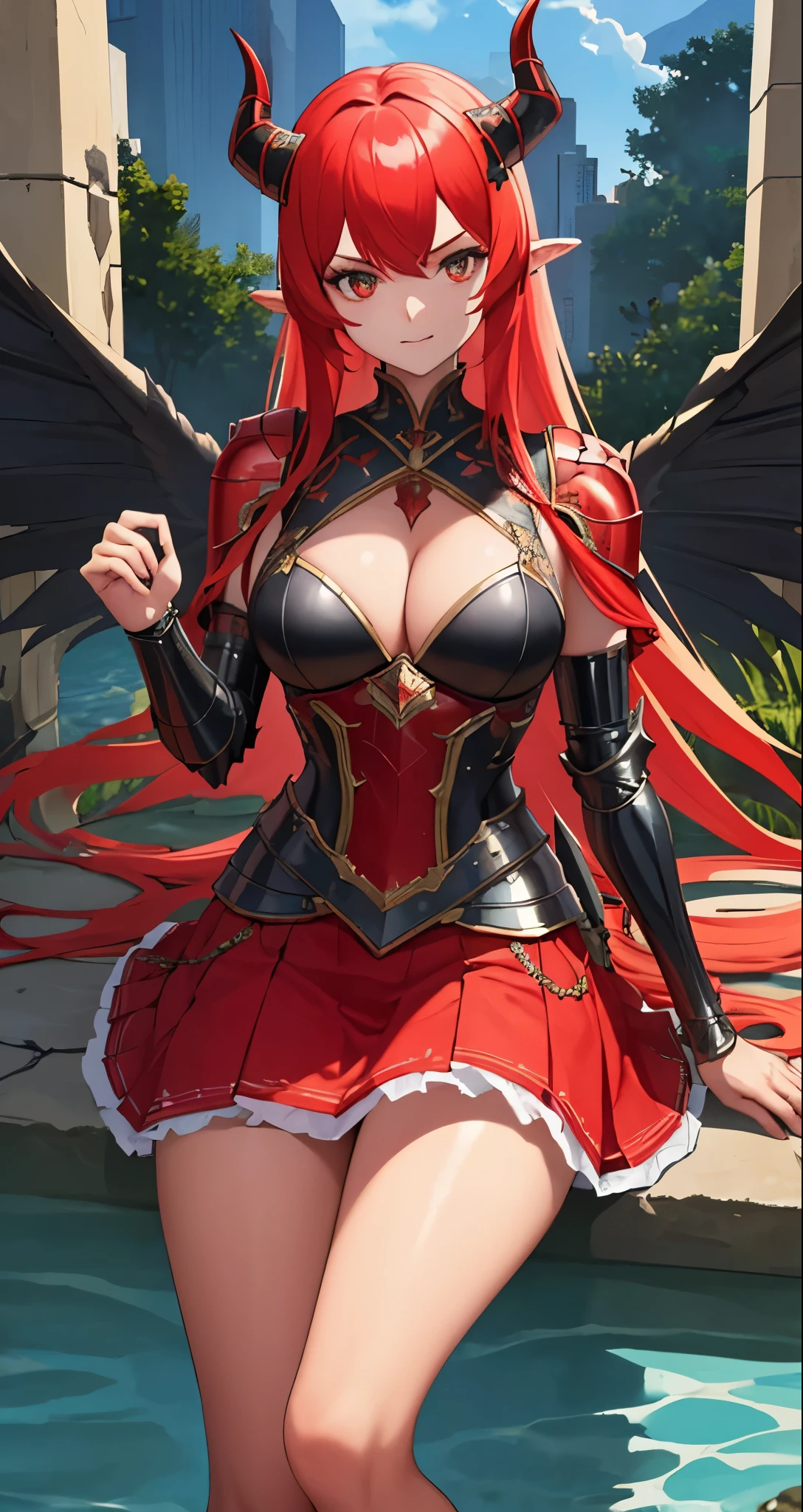 ((best quality)), ((masterpiece)), (detailed), perfect face, 1girl, solo, black and red armour, horns