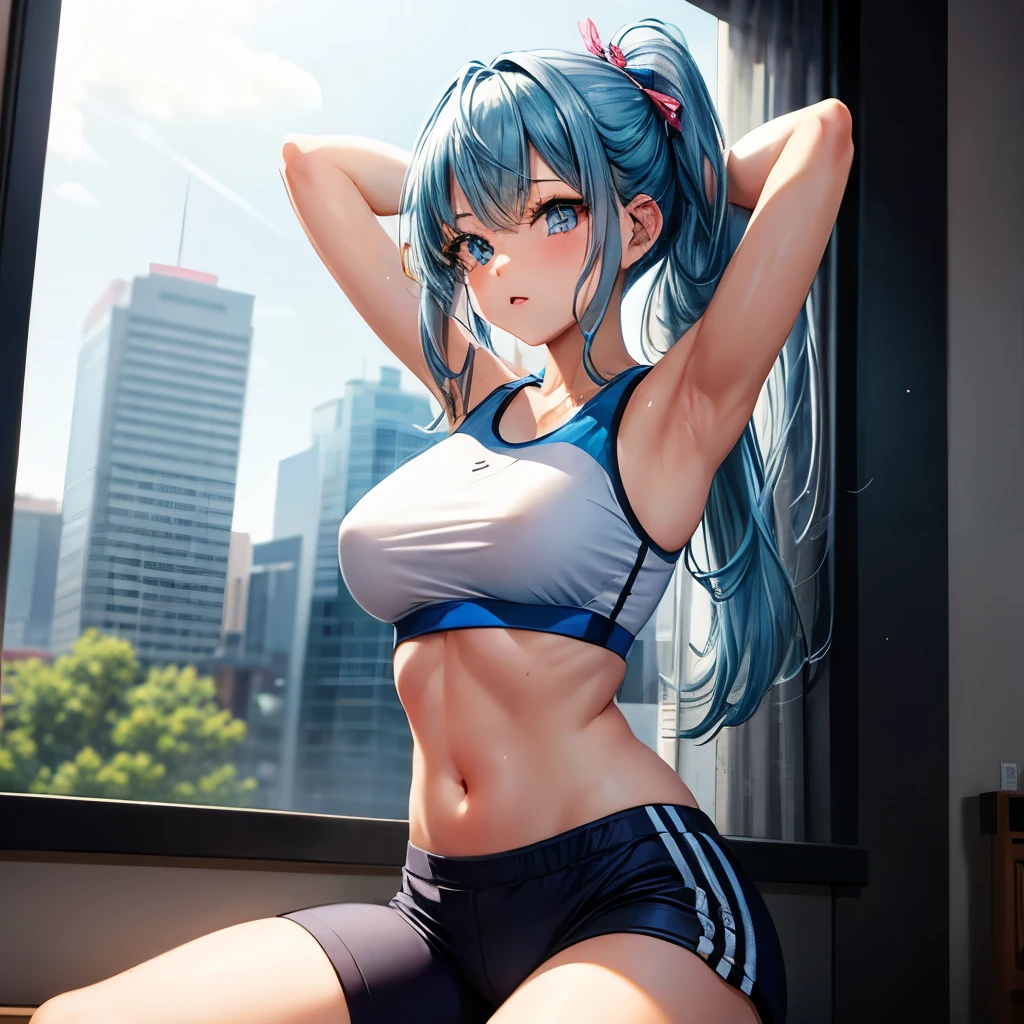 1girl, bluenette hair, light blue hair, gym clothes, stretching, rich girl 