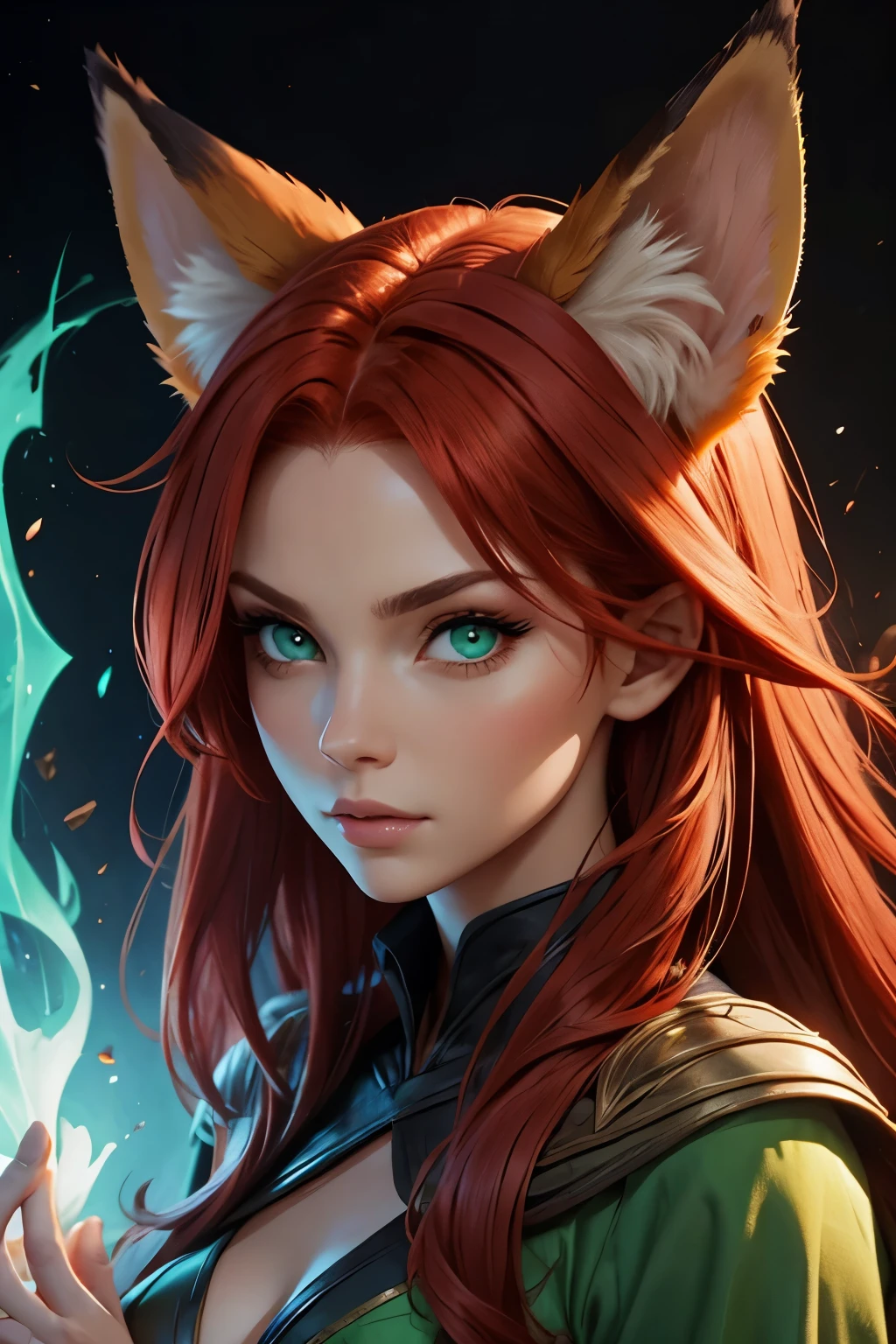 Beautiful sorcerer woman with fox ears, red hair, green eyes, mysterious look