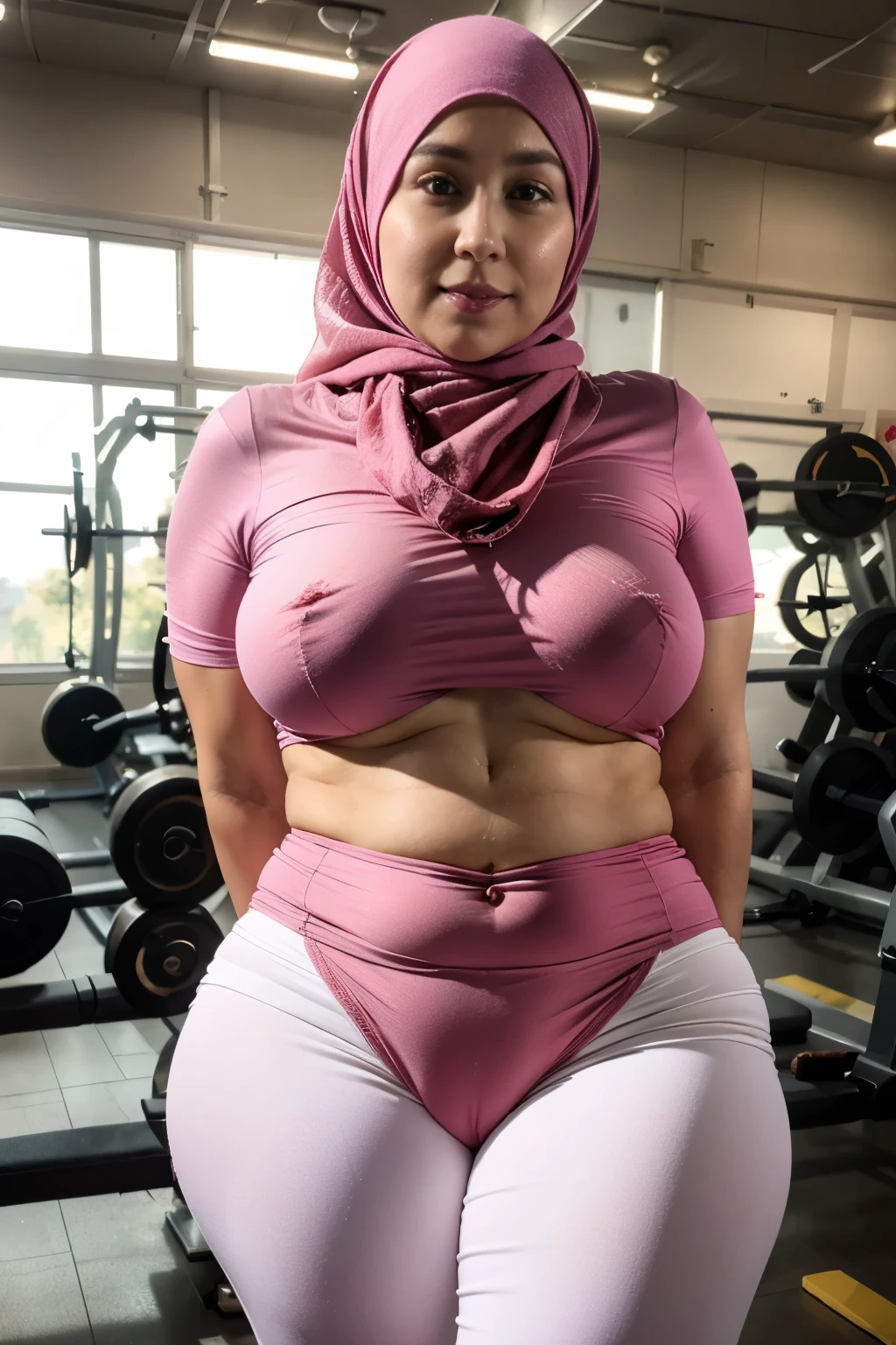 there is a plump hijab woman in a pink shirt and white pants holding a dumbble, cottagecore!! fitness body, with abs, working out, in a gym, fit pic, body is strong and upright, plumo body, chubby body, thicc, skinny waist and thick hips, strong body, taken in 2 0 2 0, taken in 2022, with pink cloths with hijab, chubby, chubby body, chubby ass, chubby breast, plump, plump body, pump ass, plump breast