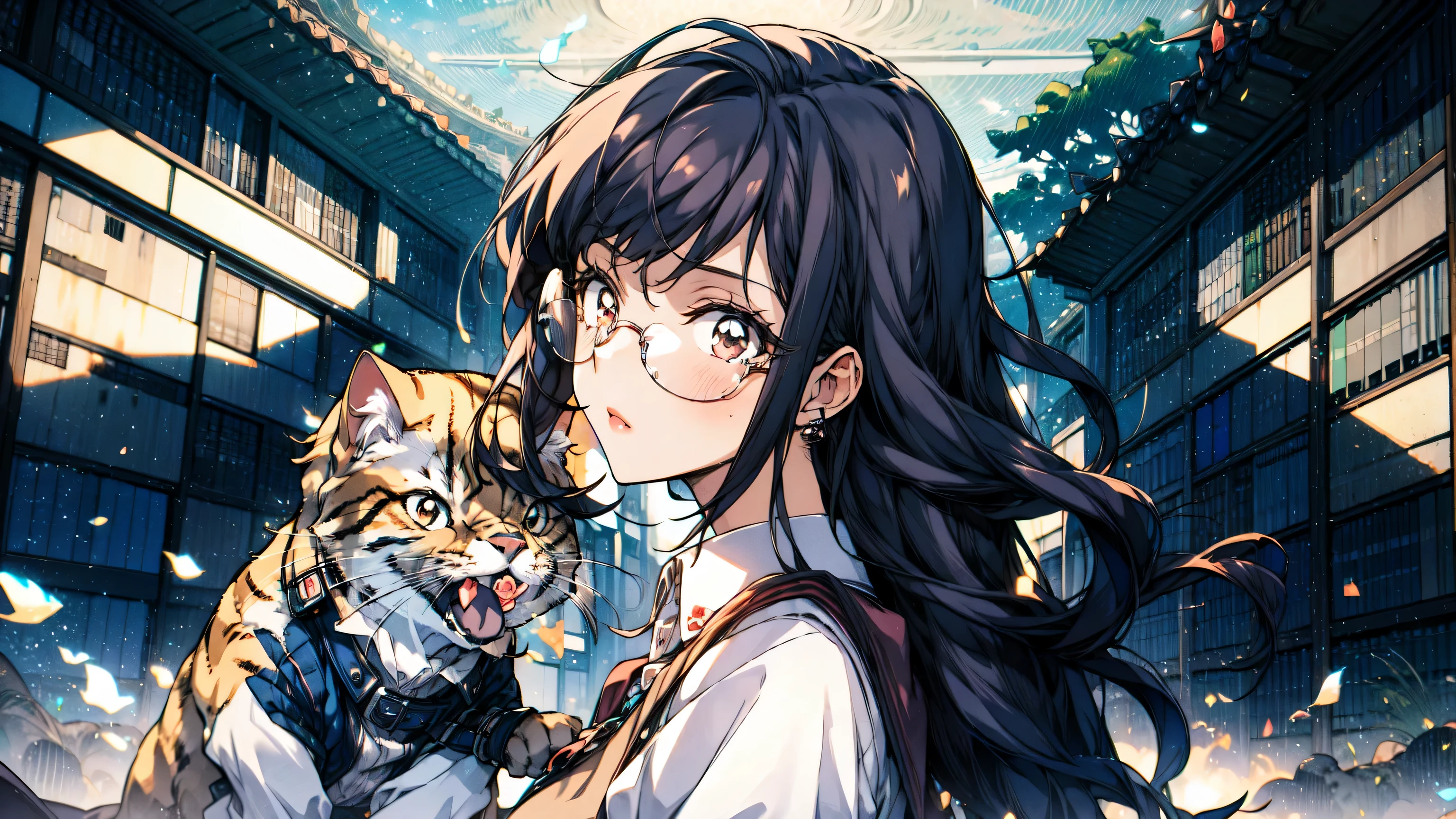 masterpiece, 1 woman, fluffy gangsta cat wearing sunglass, kd_vnstyle, kd_vnstyle