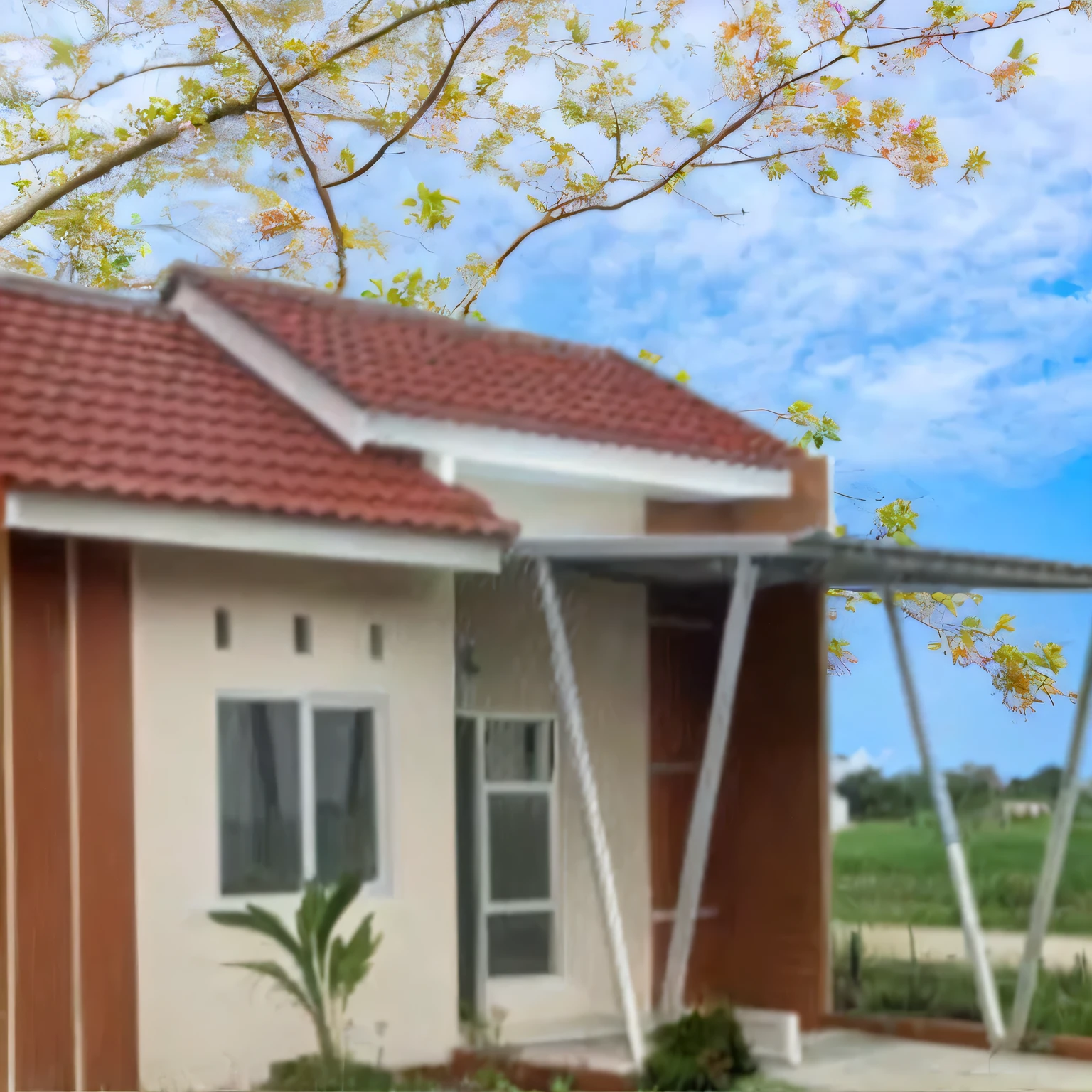 there is a small house with a red roof and a white fence, arsitektur nusantara, residential, passive house, frontview, vanara, background image, villa, exterior view, inter dimensional villa, rengen, clean image, pv, kuntilanak, in house, subdivision, beautiful image, my home, thumbnail, hut, peaceful environment