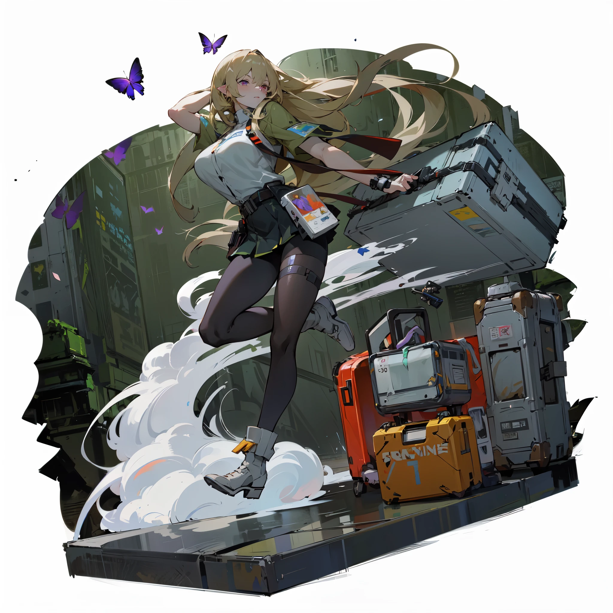 anime - style illustration of a blonde elf girl spinning a big suitcase with a hand coming out of it in front of a ruined city, purple butterflies flying around, from girls frontline, girls frontline cg, girls frontline style, girls frontline universe, fine details. girls frontline, cyberpunk ikea, m4 sopmod ii girls frontline, cushart kenz, girls frontline, from arknights, cyberpunk anime girl mech, trending on artstation pixiv, digital cyberpunk anime art