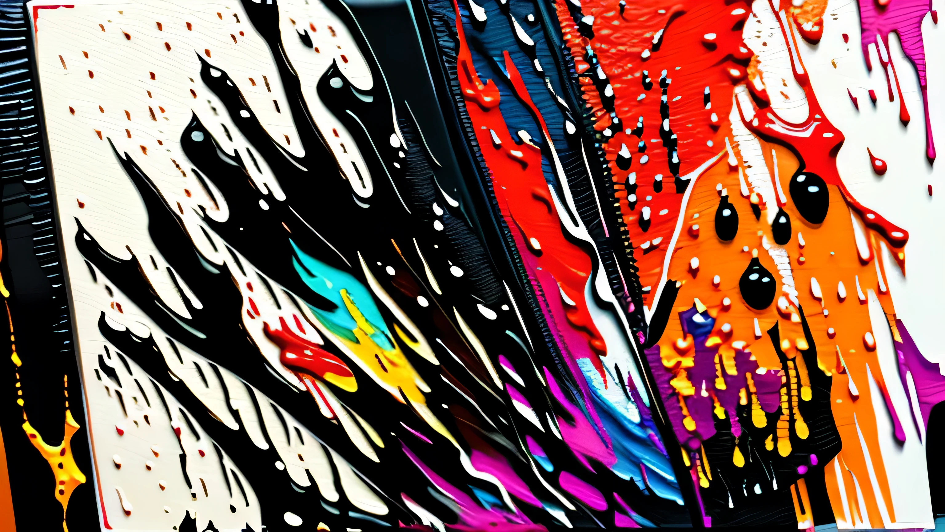 realistic,makeup a close up of a colorful explosion of paint on a black background,(acrylic painting:1.5),(only uses 256 different shades in total), (brush strokes:0.6), medium contrast, (paint drips:0.5), stark, (dripping paint0.5), (splatters:0.5), (dramatic:0.4), (photorealistic:0.2),
