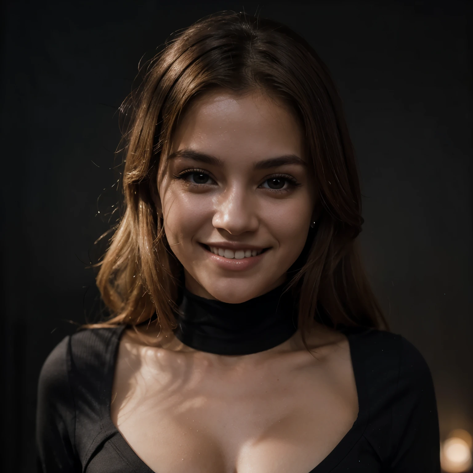 una foto de primer plano de la parte superior del cuerpo oscura de una rubia con ojos perfectos, Sonrisa, fondo oscuro